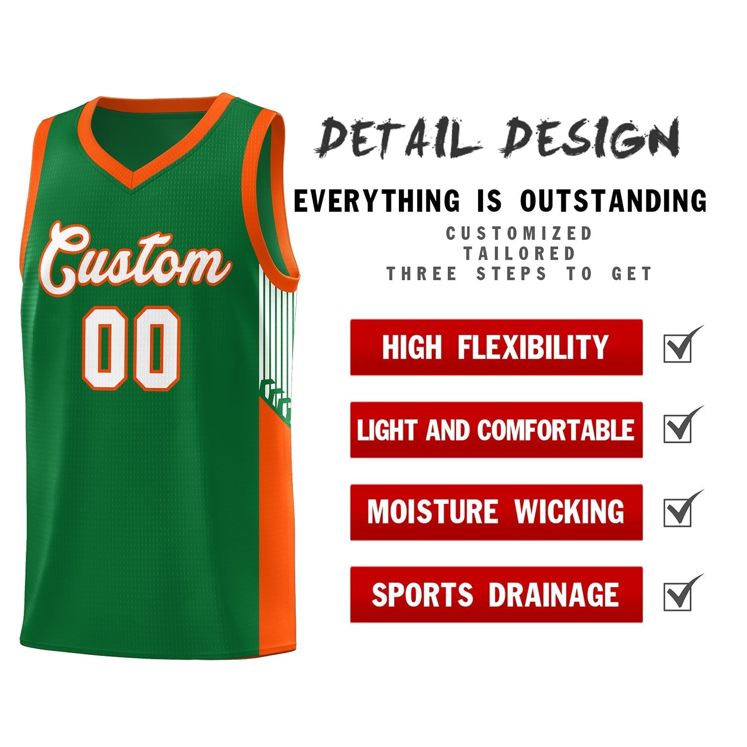 Custom Kelly Green White-Orange Side Stripe Fashion Sports Uniform Basketball Jersey