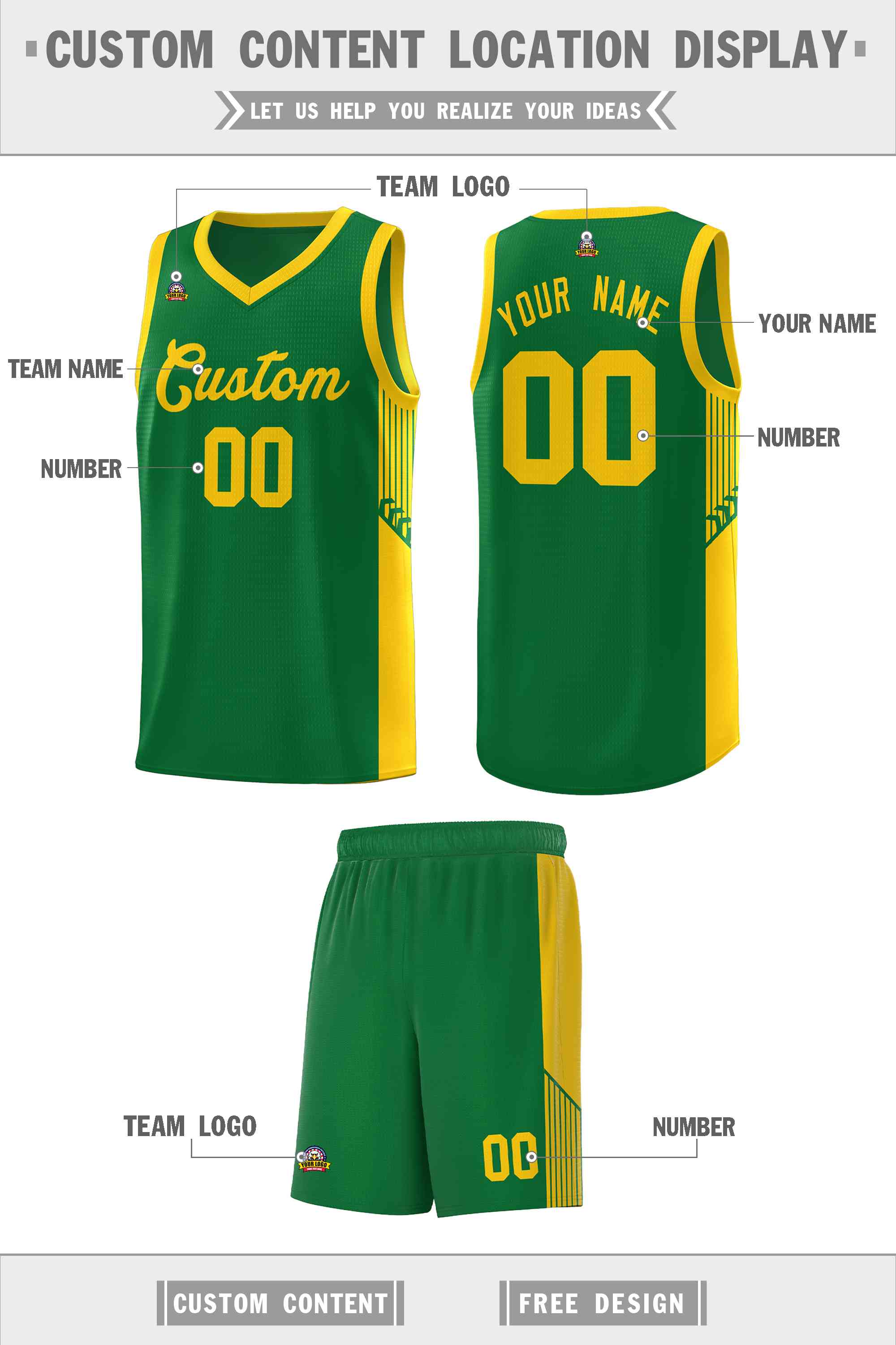 Custom Kelly Green Gold Side Stripe Fashion Sports Uniform Basketball Jersey