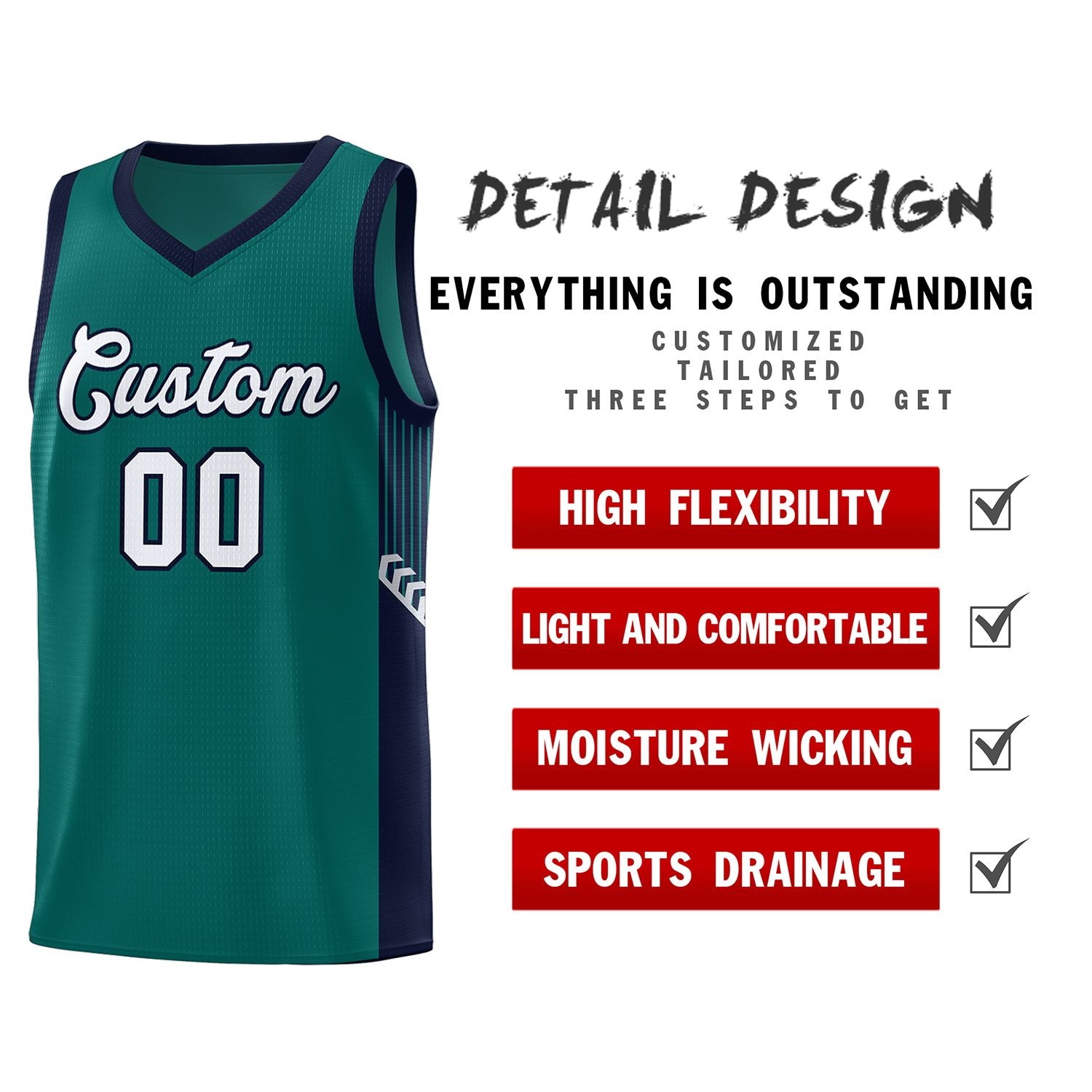 Custom Aqua White-Navy Side Stripe Fashion Sports Uniform Basketball Jersey