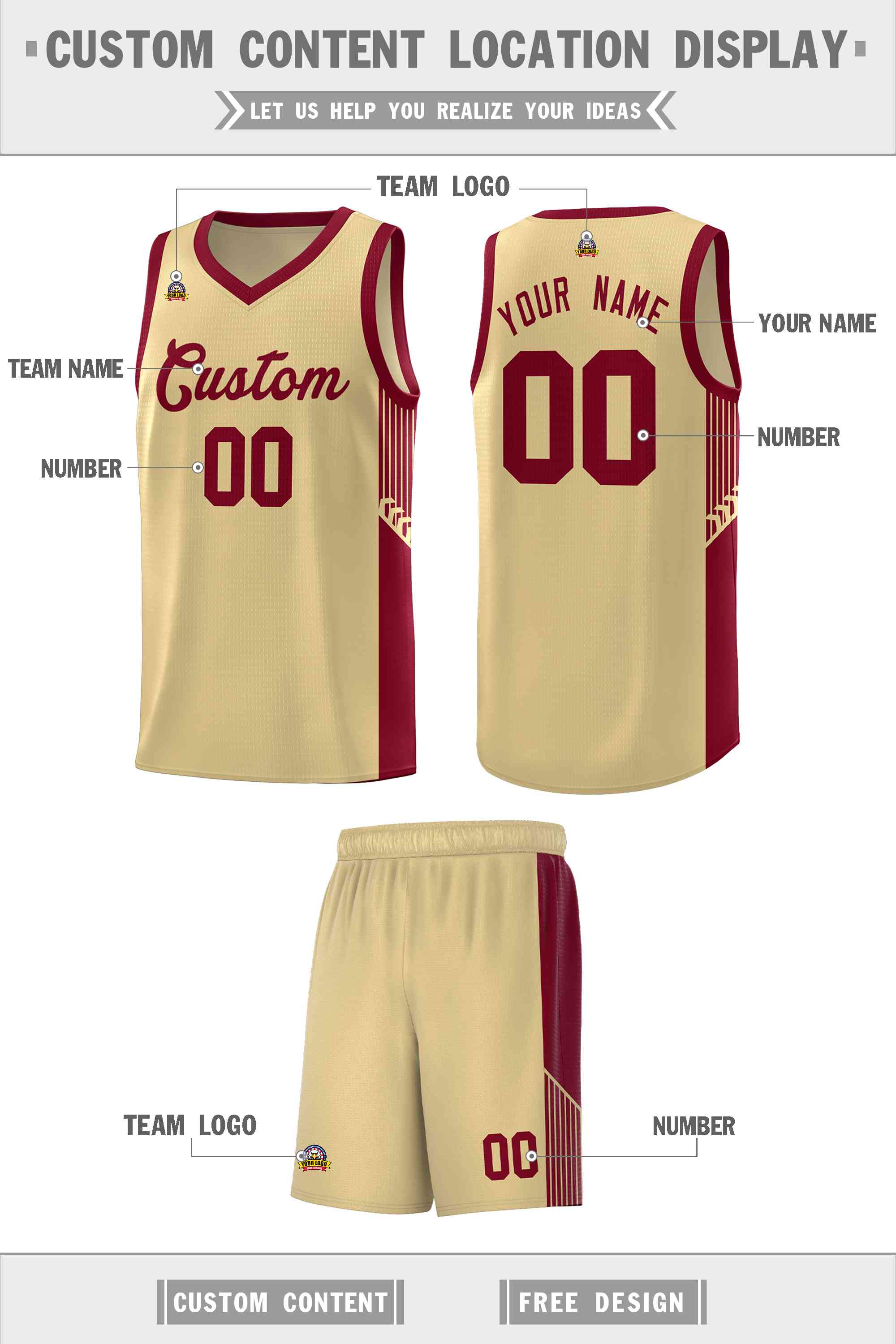 Custom Khaki Crimson Side Stripe Fashion Sports Uniform Basketball Jersey