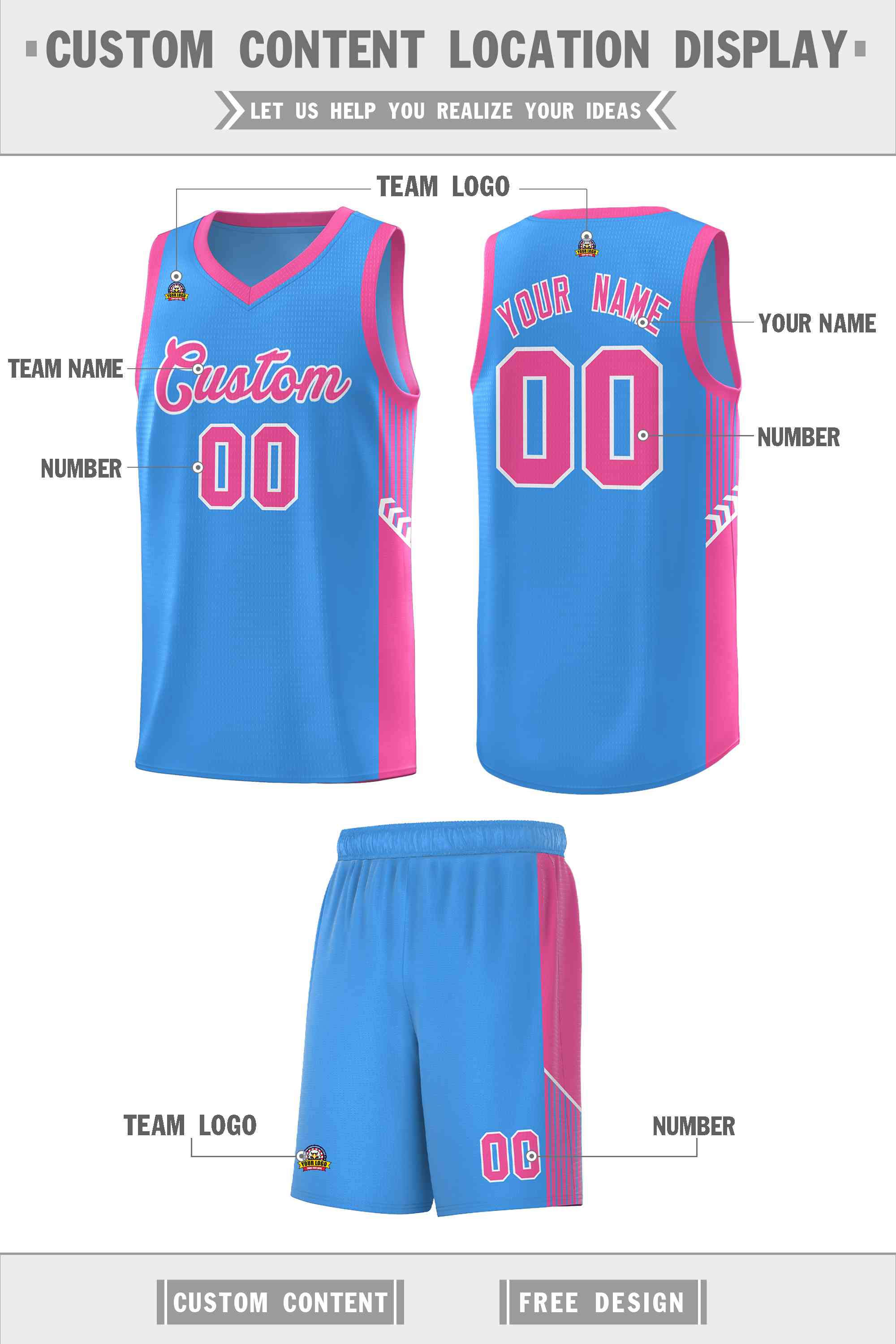 Custom Powder Blue Pink-White Side Stripe Fashion Sports Uniform Basketball Jersey