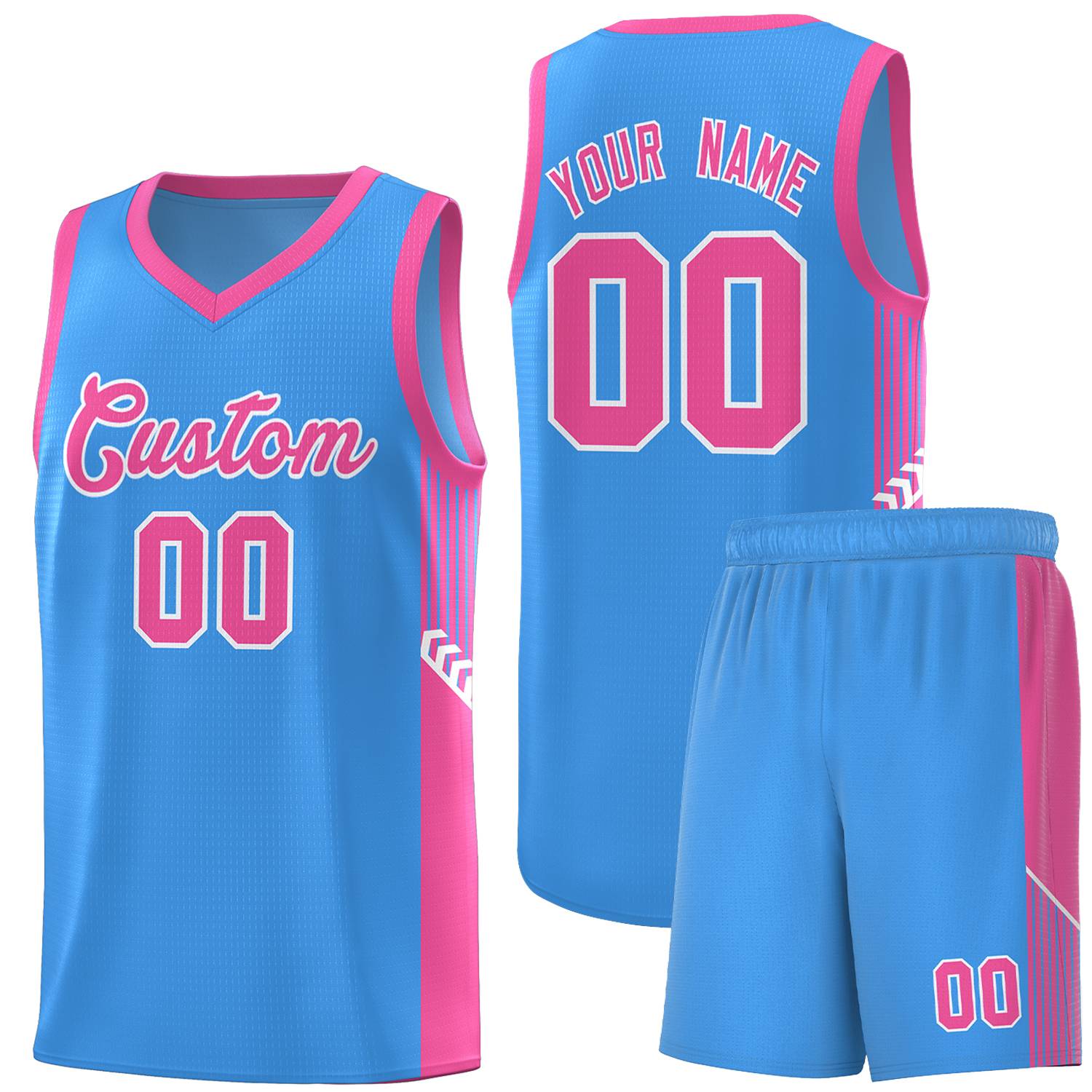 Custom Powder Blue Pink-White Side Stripe Fashion Sports Uniform Basketball Jersey