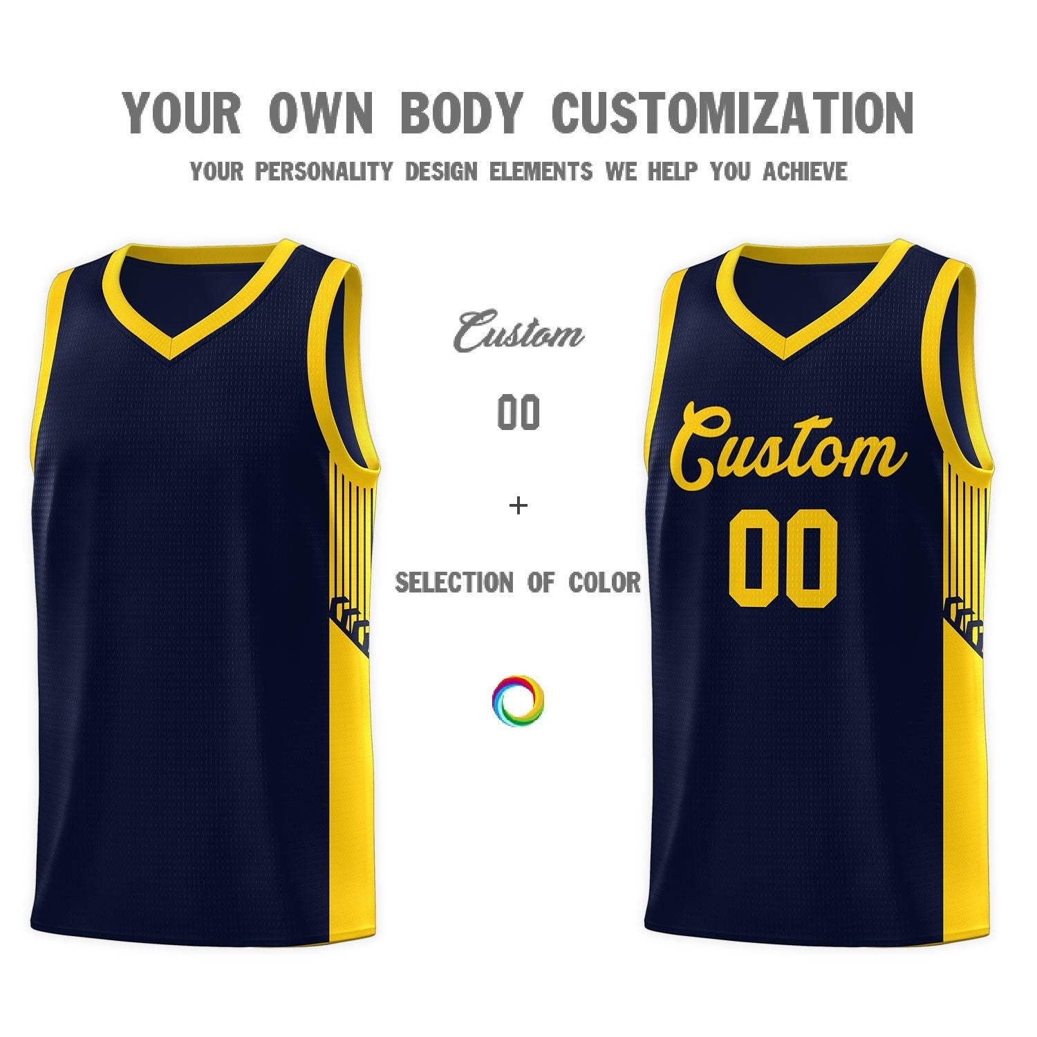 Custom Navy Gold Side Stripe Fashion Sports Uniform Basketball Jersey