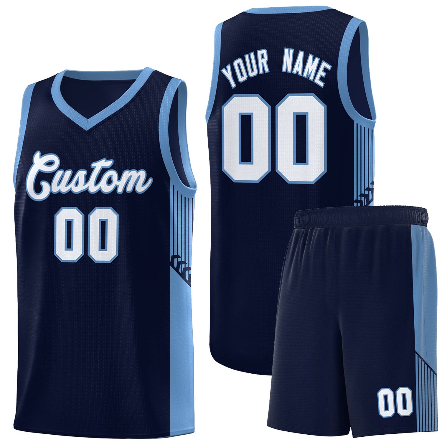 Custom Navy White-Light Blue Side Stripe Fashion Sports Uniform Basketball Jersey