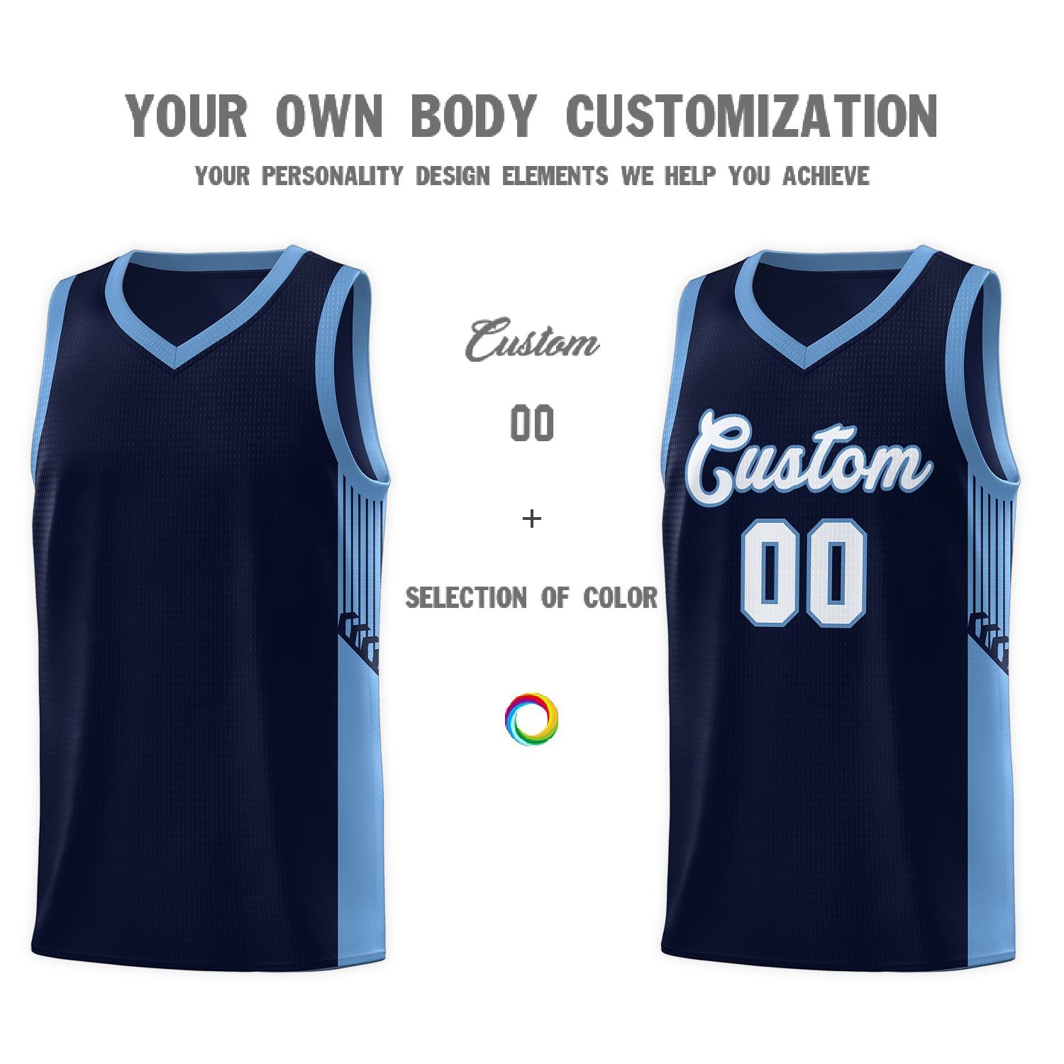 Custom Navy White-Light Blue Side Stripe Fashion Sports Uniform Basketball Jersey