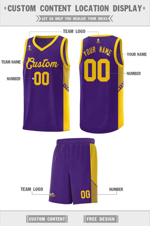 Custom Purple Gold Side Stripe Fashion Sports Uniform Basketball Jersey