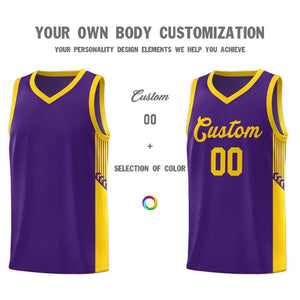 Custom Purple Gold Side Stripe Fashion Sports Uniform Basketball Jersey