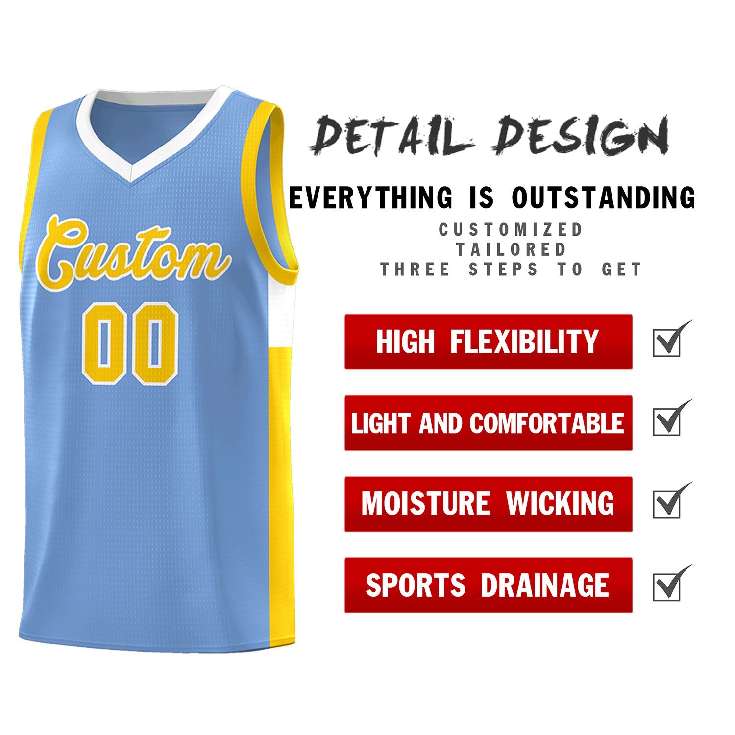 Custom Light Blue Gold-White Side Two-Tone Classic Sports Uniform Basketball Jersey