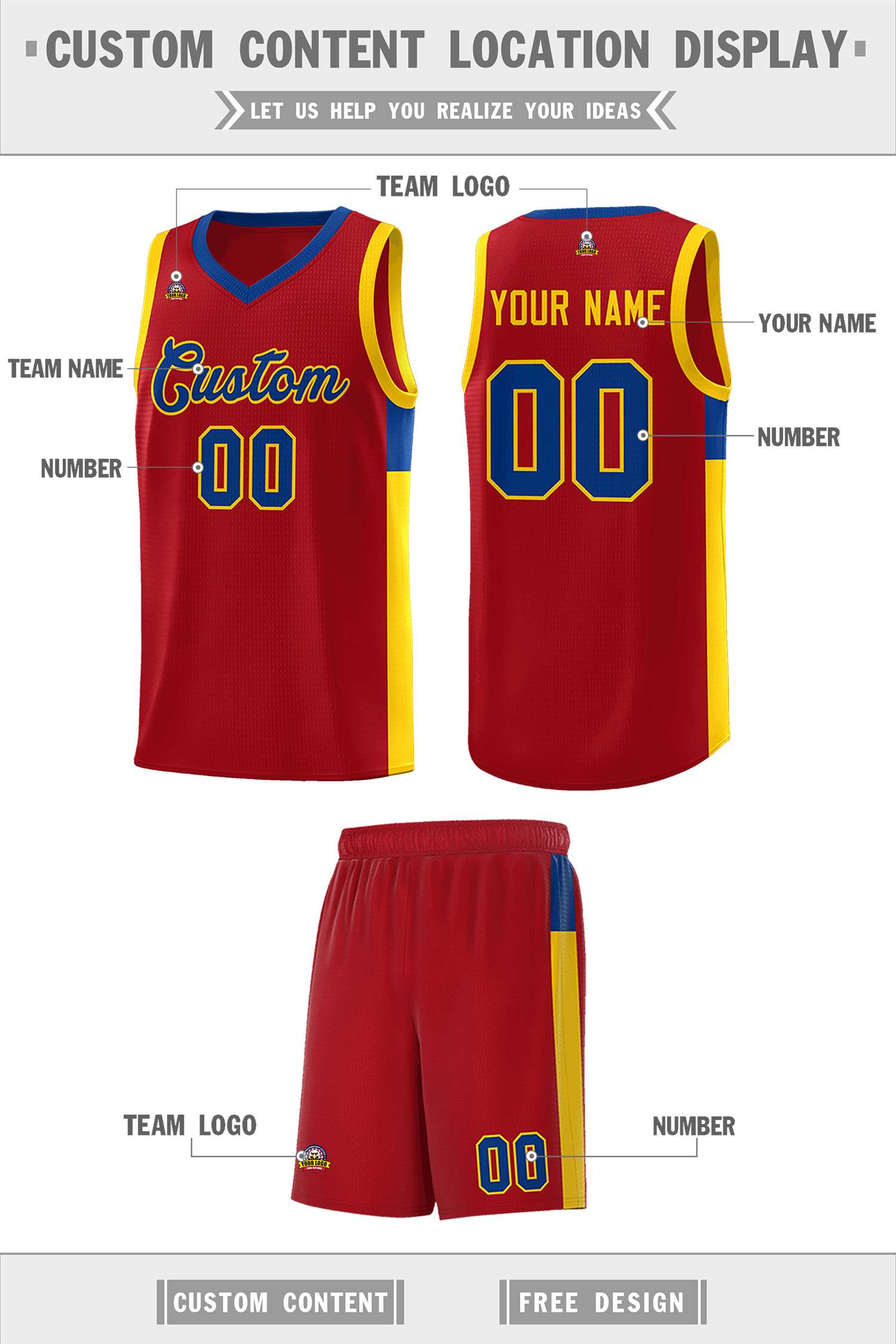 Custom Red Royal-Gold Side Two-Tone Classic Sports Uniform Basketball Jersey