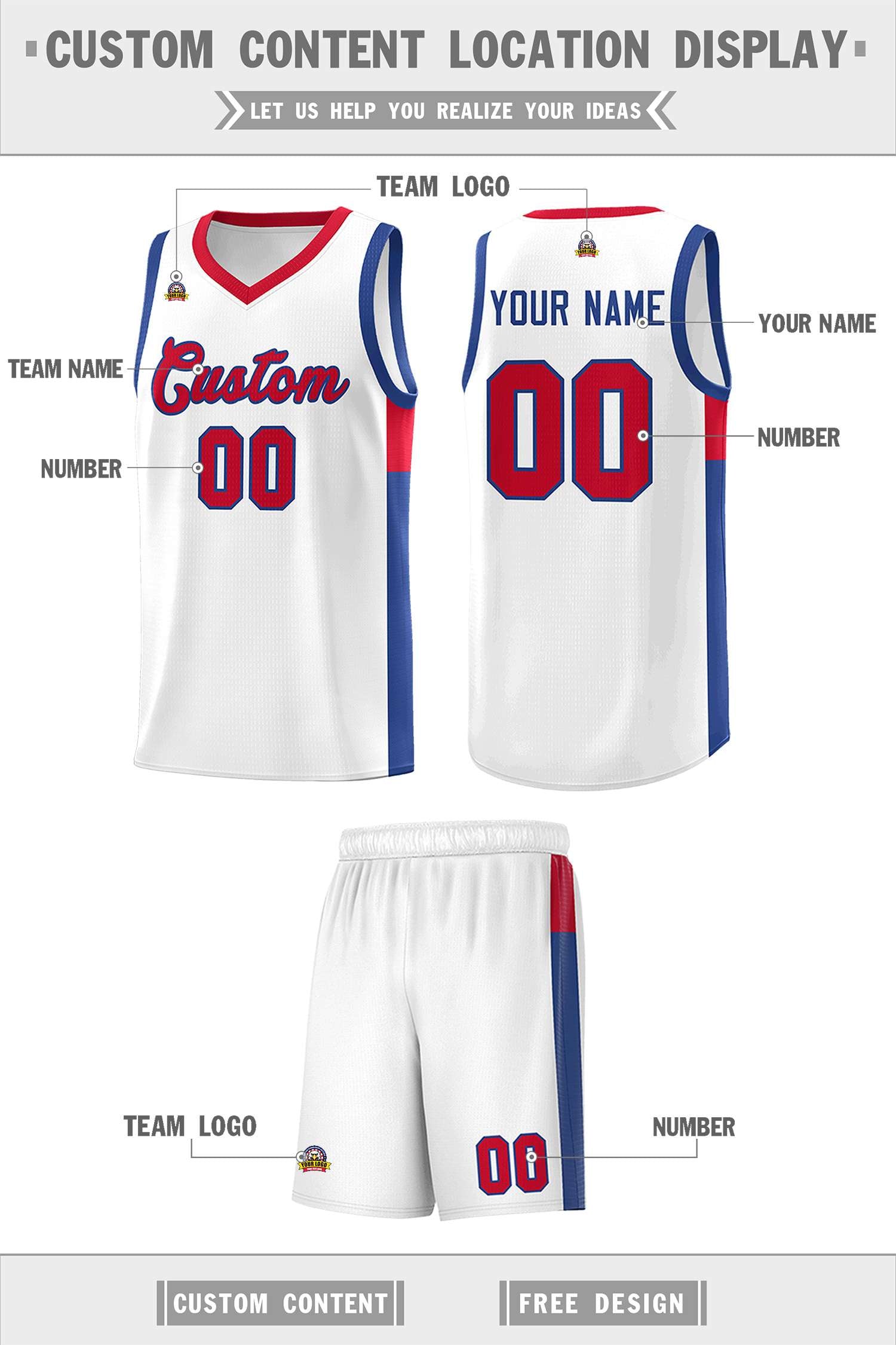 Custom White Red-Royal Side Two-Tone Classic Sports Uniform Basketball Jersey