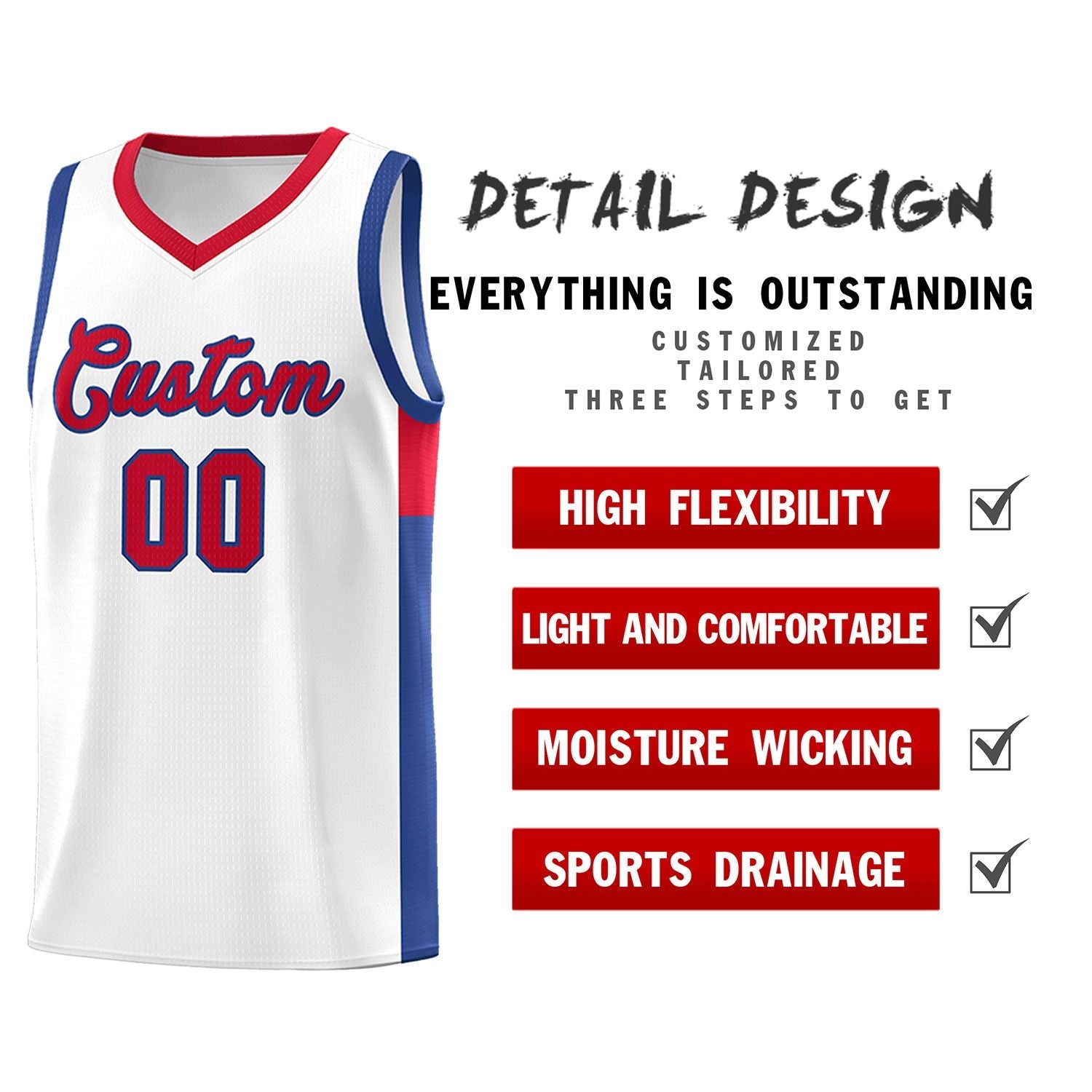 Custom White Red-Royal Side Two-Tone Classic Sports Uniform Basketball Jersey