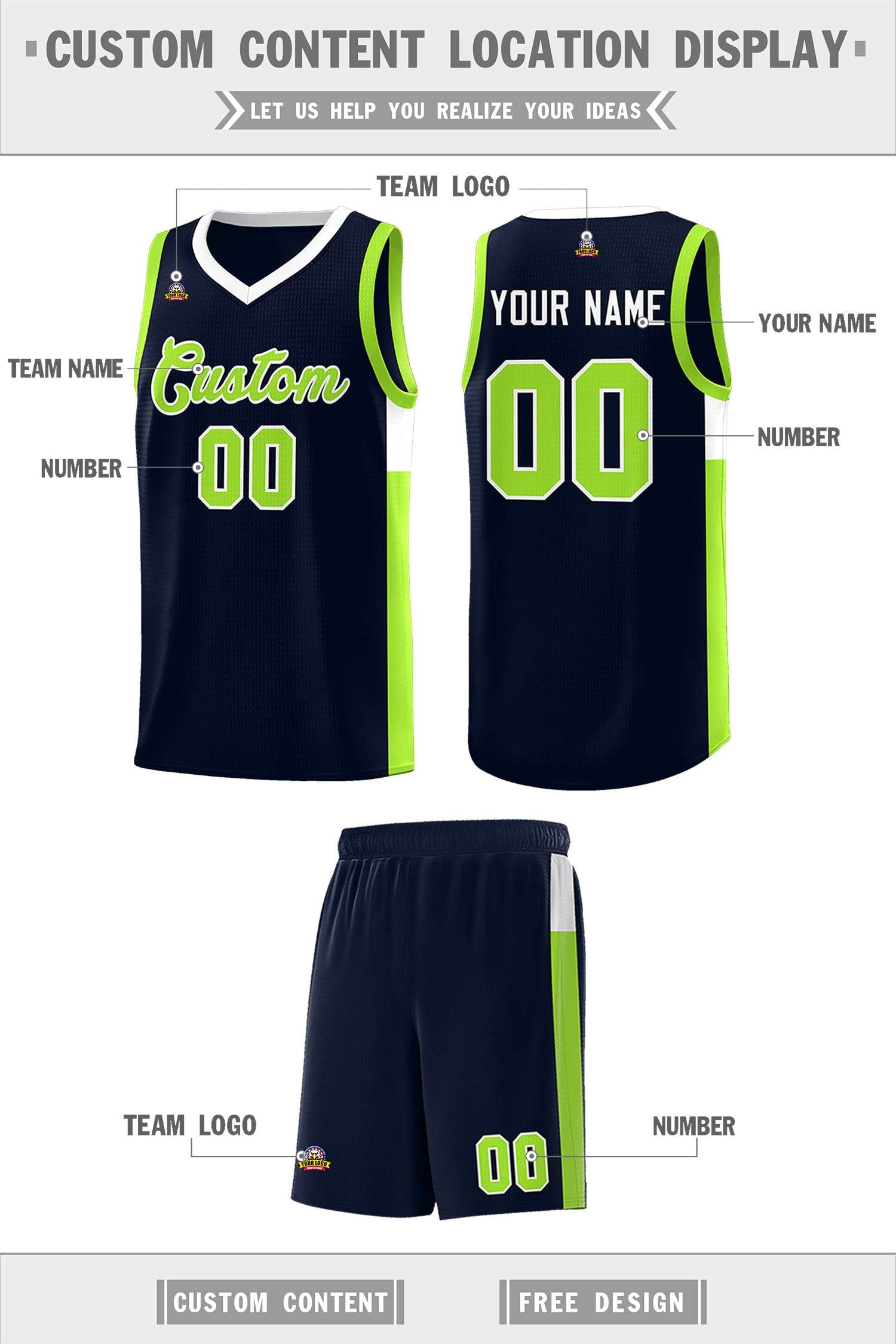 Custom Navy Neon Green-White Side Two-Tone Classic Sports Uniform Basketball Jersey