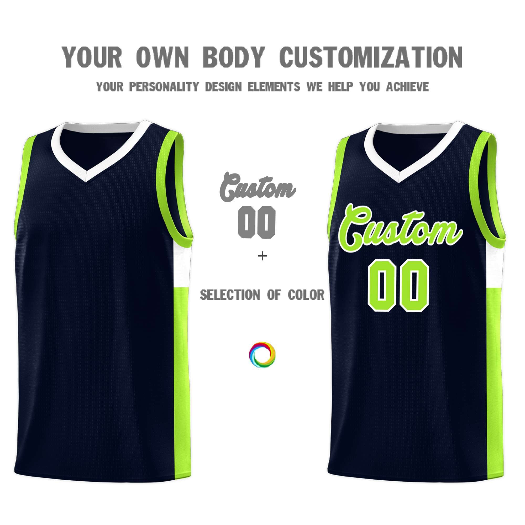 Custom Navy Neon Green-White Side Two-Tone Classic Sports Uniform Basketball Jersey