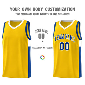 Custom Gold Royal-White Side Two-Tone Classic Sports Uniform Basketball Jersey