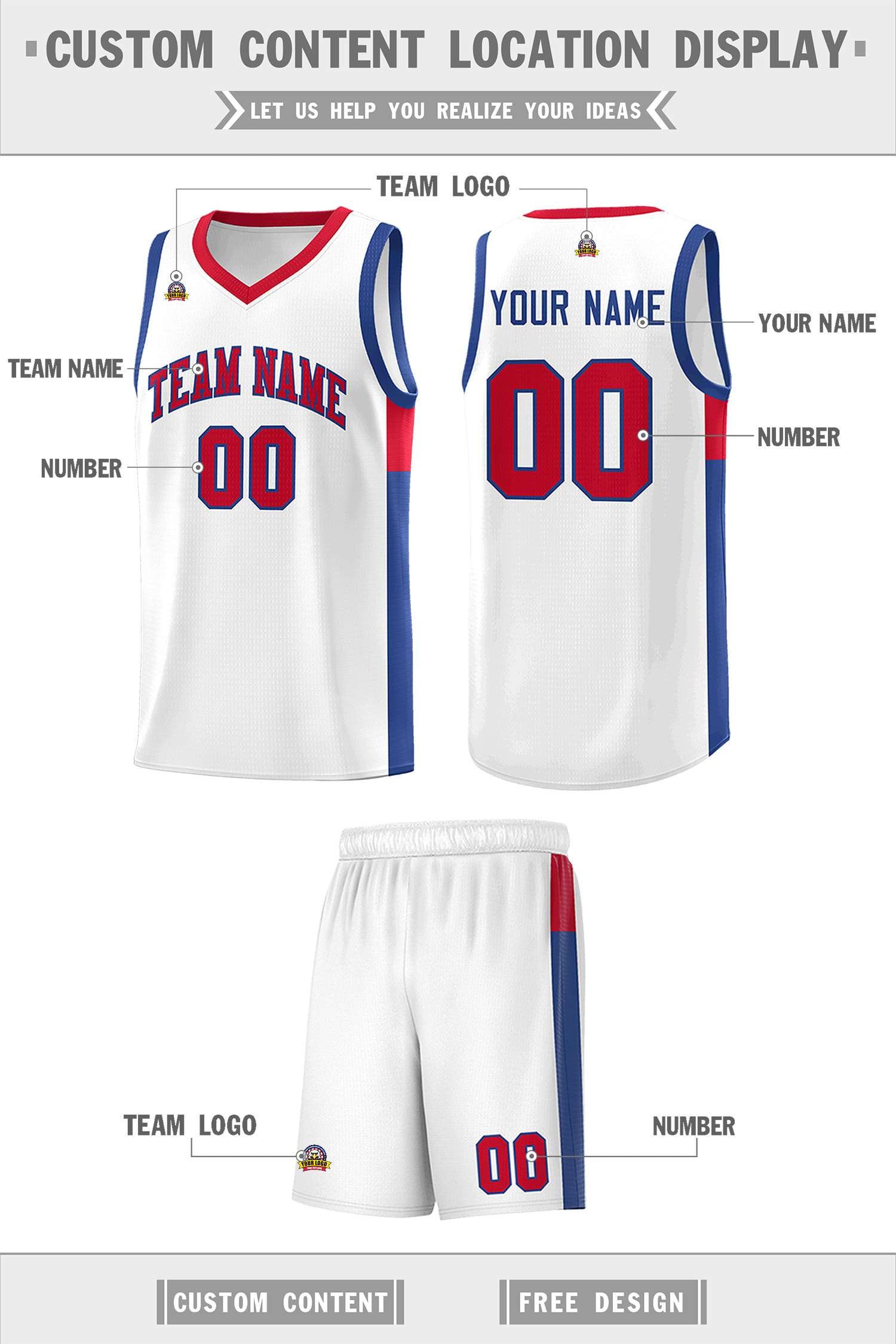 Custom White Red-Royal Side Two-Tone Classic Sports Uniform Basketball Jersey