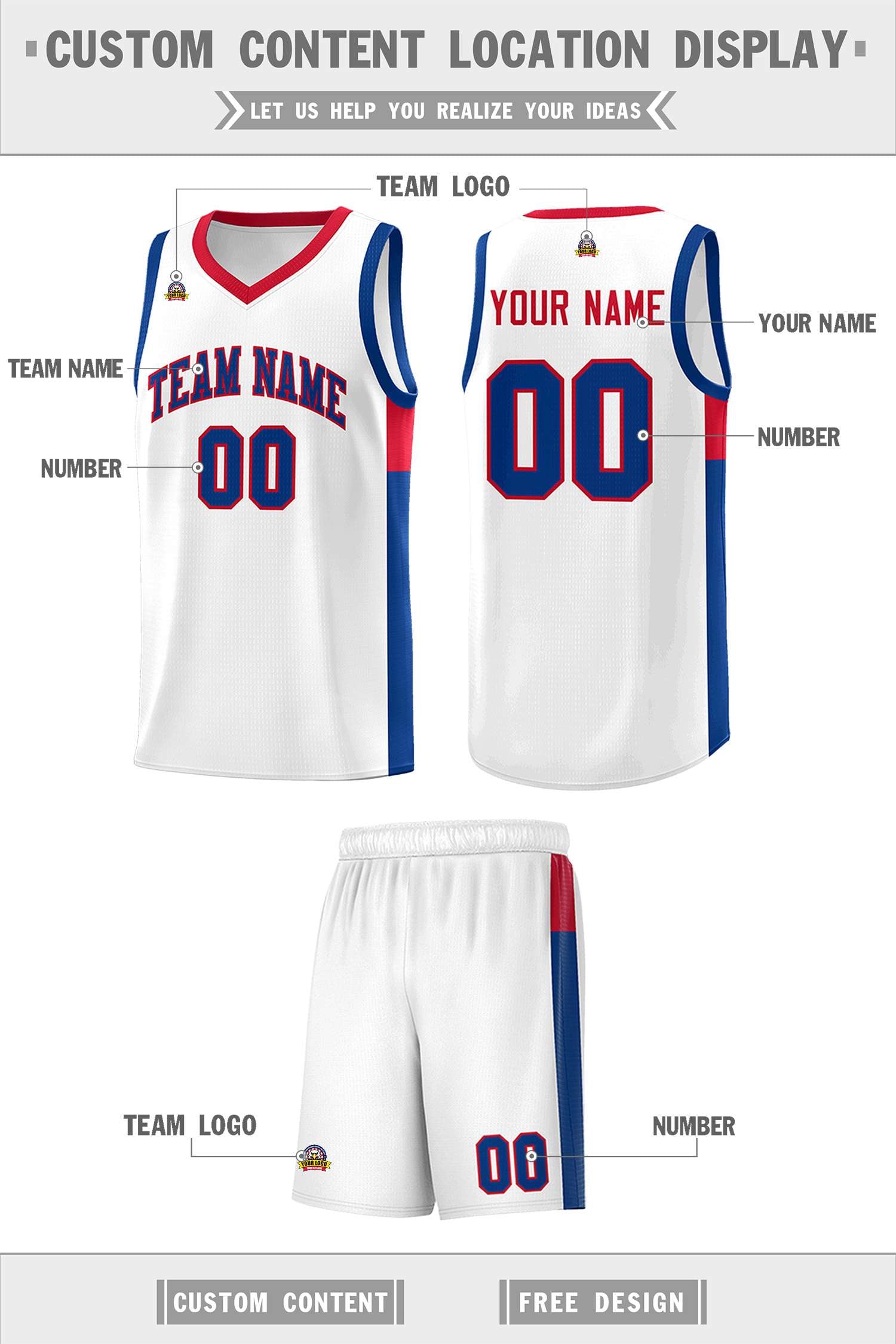 Custom White Royal-Red Side Two-Tone Classic Sports Uniform Basketball Jersey