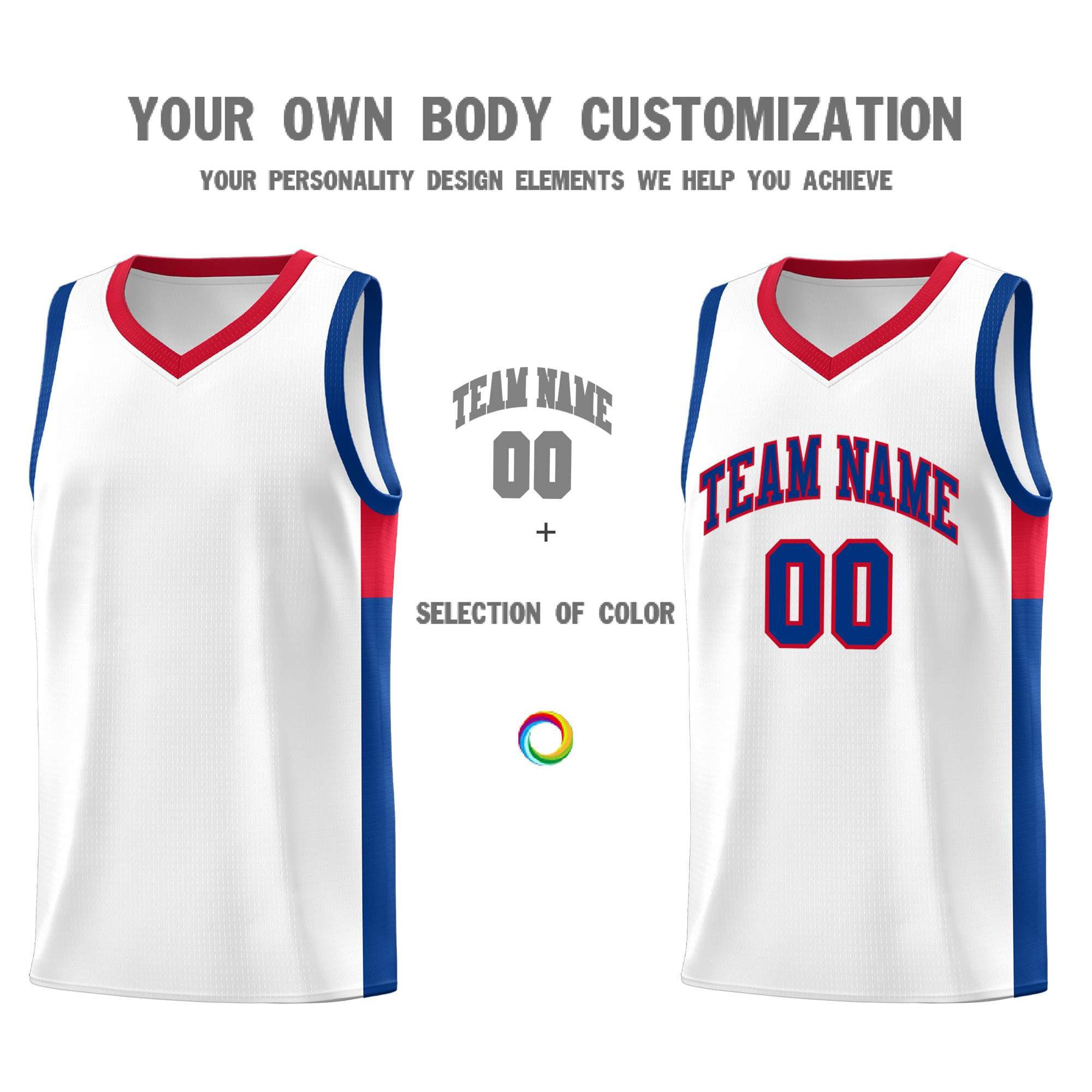 Custom White Royal-Red Side Two-Tone Classic Sports Uniform Basketball Jersey