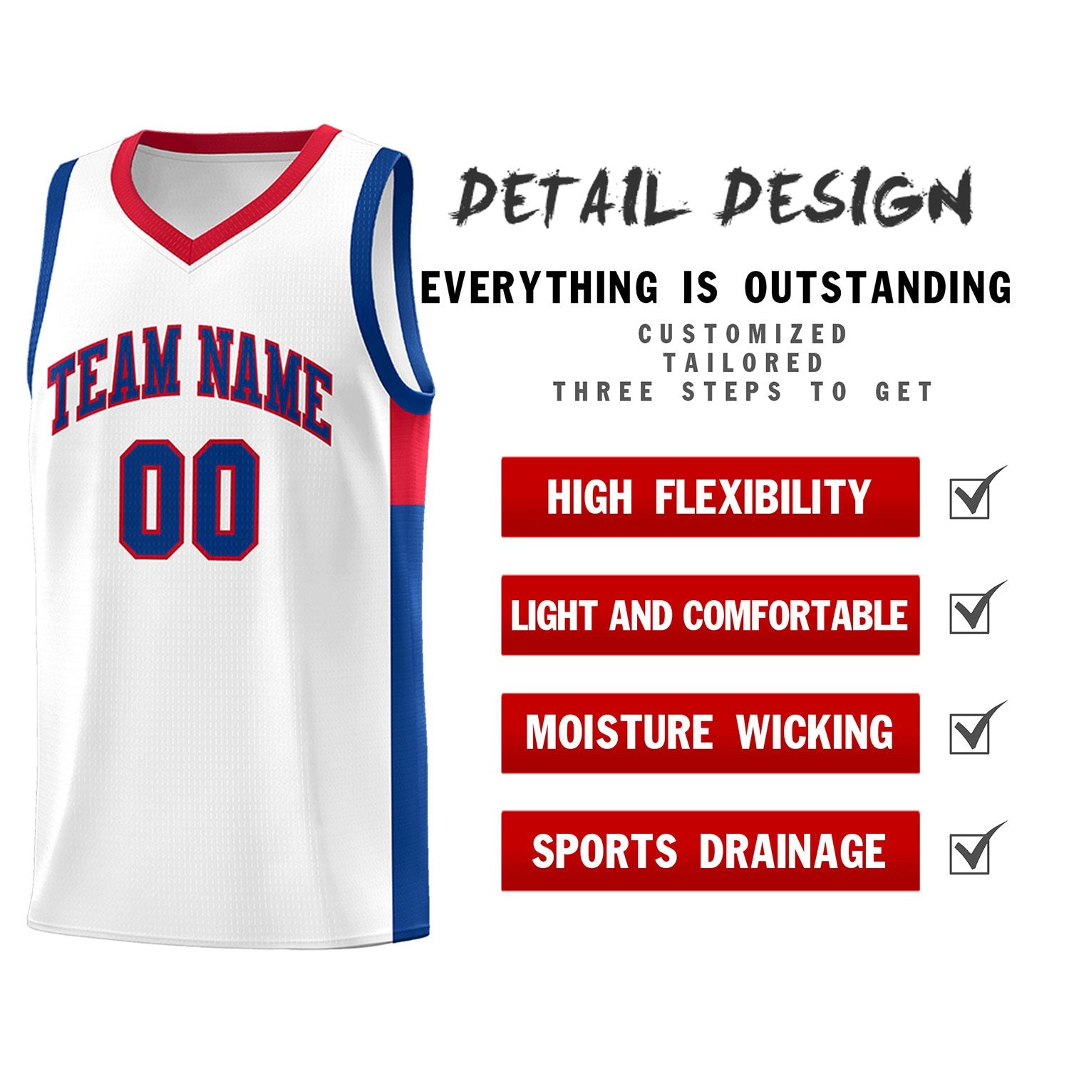 Custom White Royal-Red Side Two-Tone Classic Sports Uniform Basketball Jersey