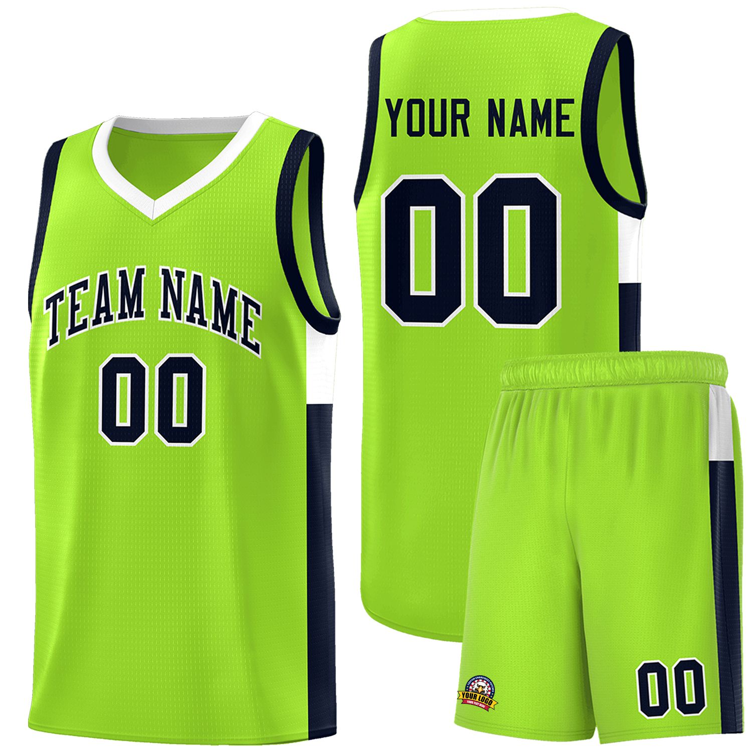 Custom Neon Green Navy-White Side Two-Tone Classic Sports Uniform Basketball Jersey