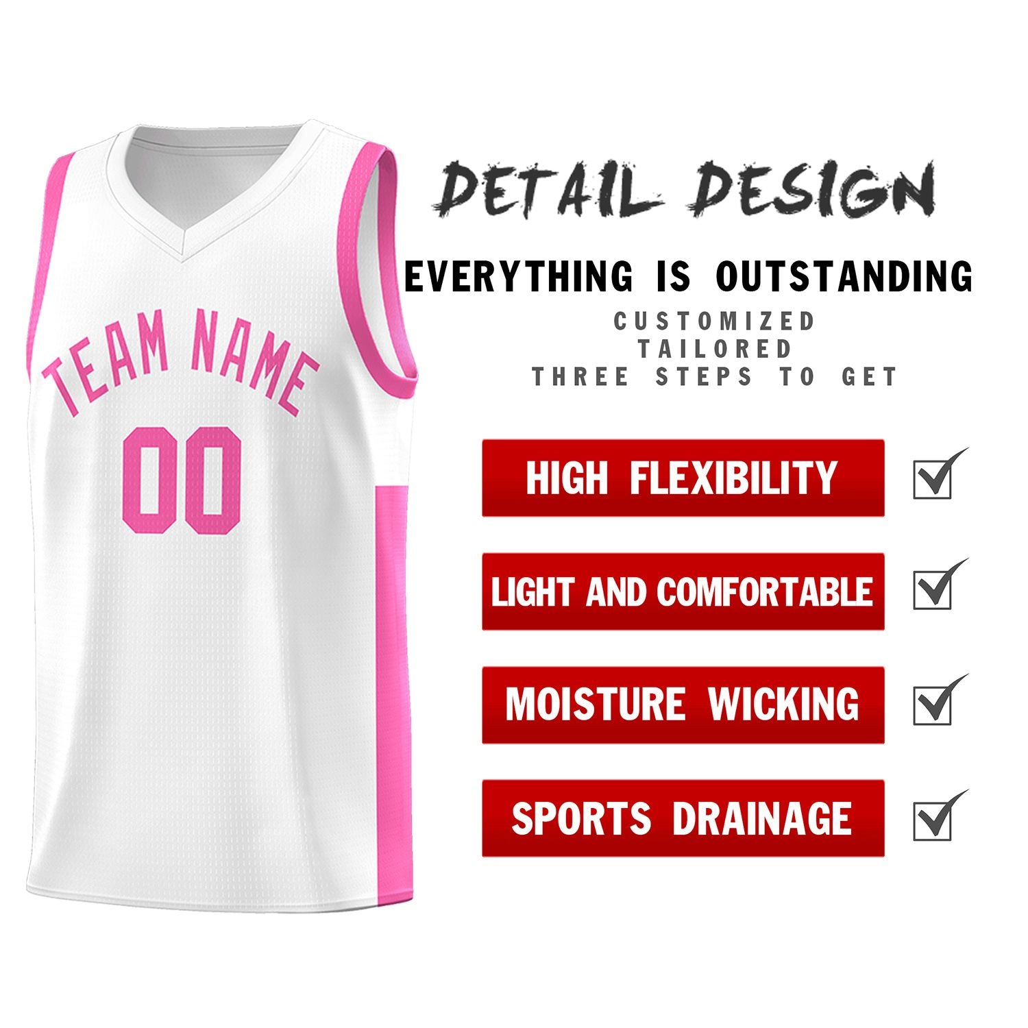 Custom White Pink Side Two-Tone Classic Sports Uniform Basketball Jersey