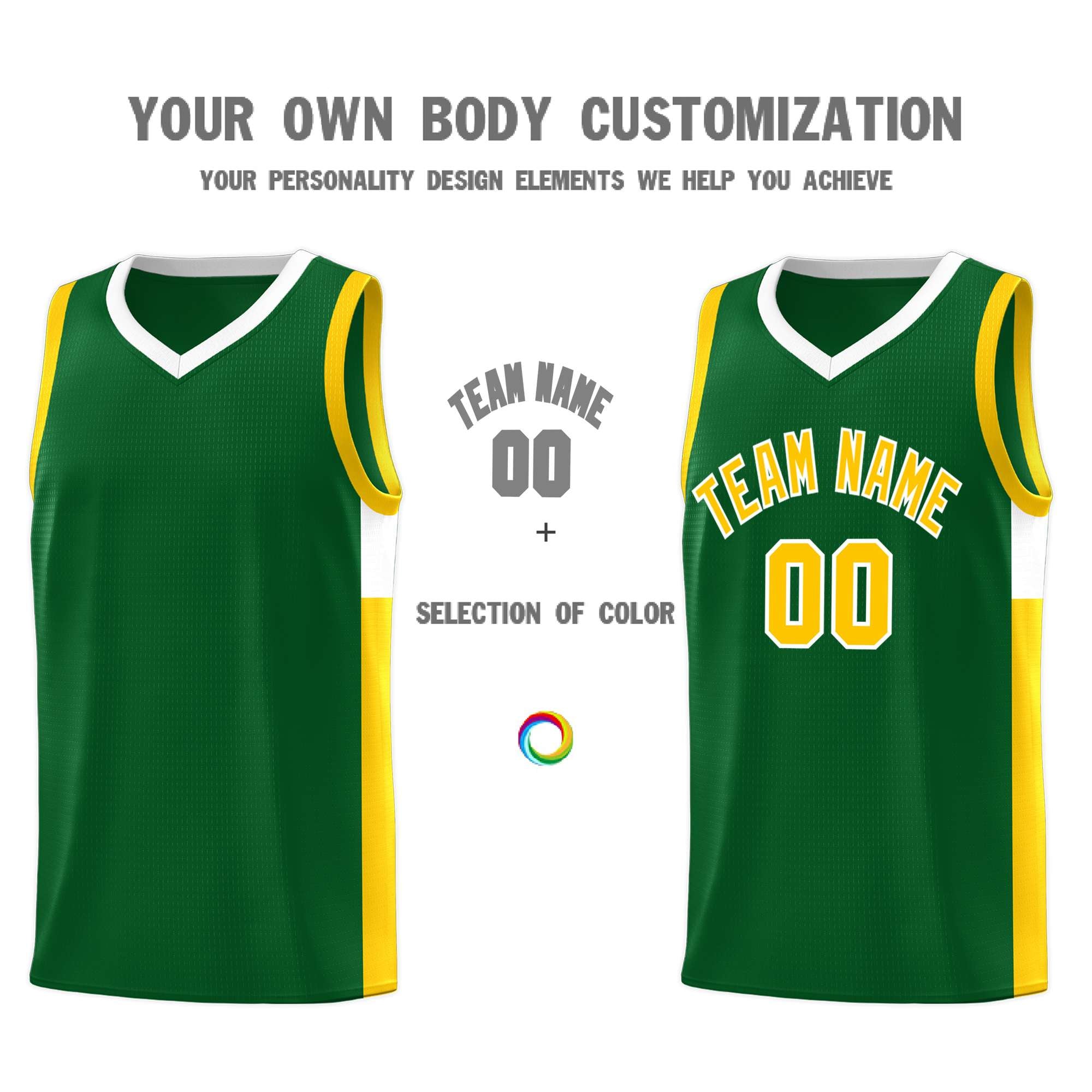 Custom Green Gold-White Side Two-Tone Classic Sports Uniform Basketball Jersey