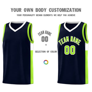 Custom Navy Neon Green-White Side Two-Tone Classic Sports Uniform Basketball Jersey