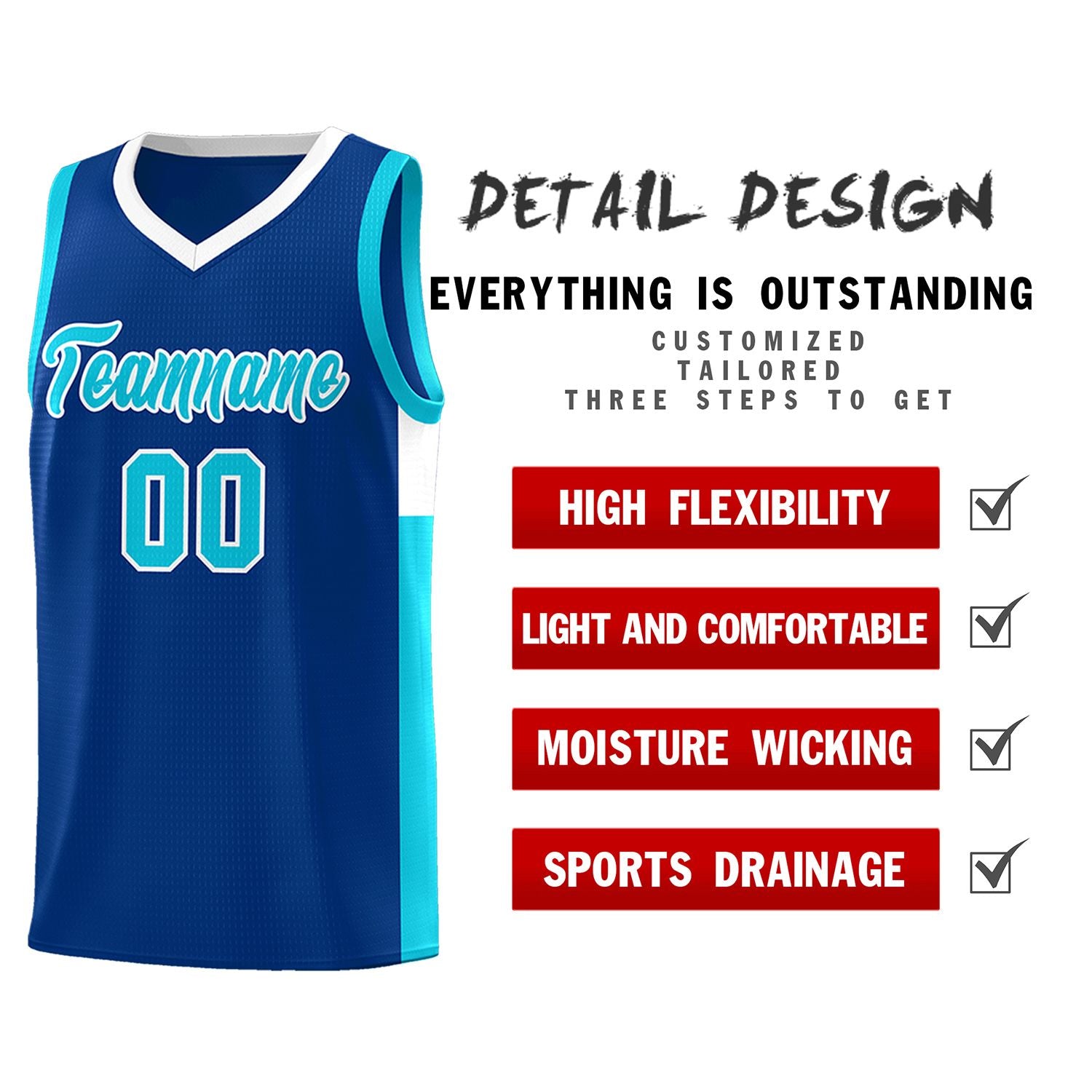 Custom Royal Light Blue-White Side Two-Tone Classic Sports Uniform Basketball Jersey