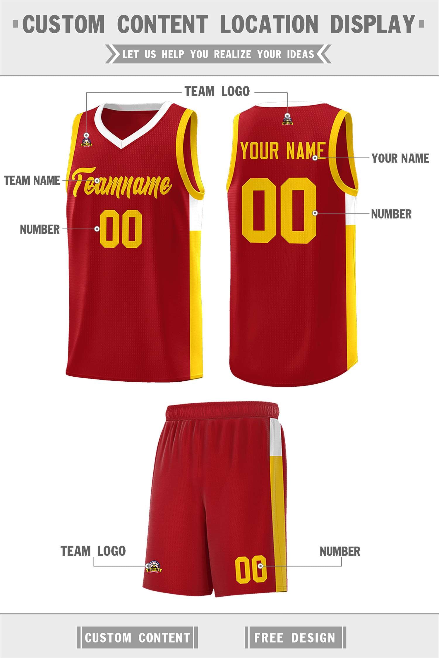 Custom Red Gold Side Two-Tone Classic Sports Uniform Basketball Jersey