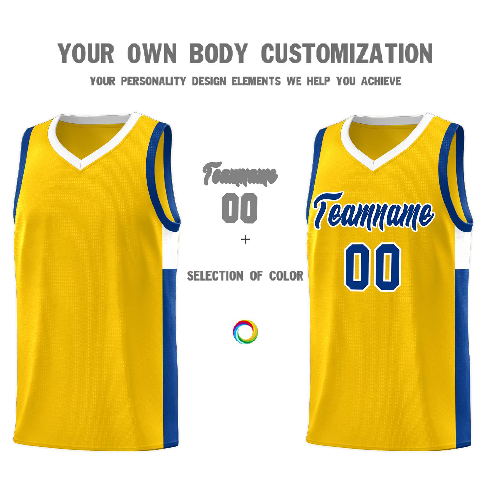 Custom Gold Royal-White Side Two-Tone Classic Sports Uniform Basketball Jersey