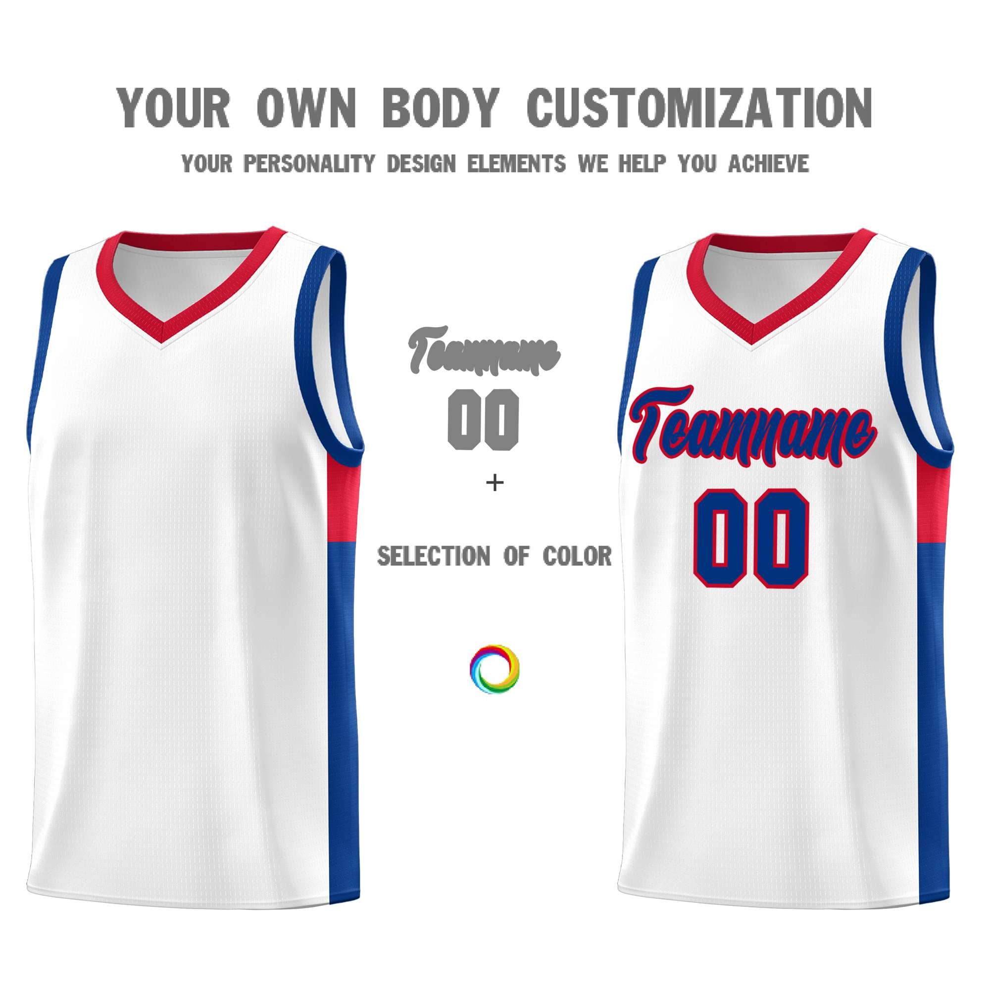 Custom White Royal-Red Side Two-Tone Classic Sports Uniform Basketball Jersey