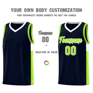 Custom Navy Neon Green-White Side Two-Tone Classic Sports Uniform Basketball Jersey