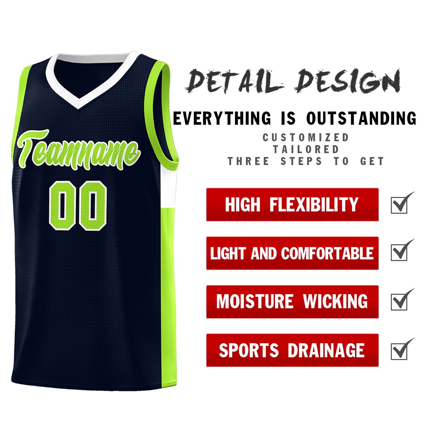 Custom Navy Neon Green-White Side Two-Tone Classic Sports Uniform Basketball Jersey