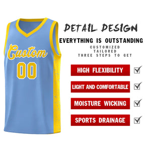 Custom Light Blue Gold-White Side Splash Sports Uniform Basketball Jersey