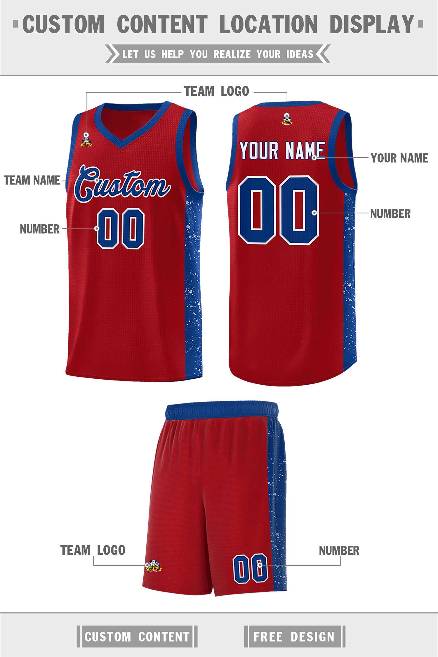 Custom Red Royal-White Side Splash Sports Uniform Basketball Jersey