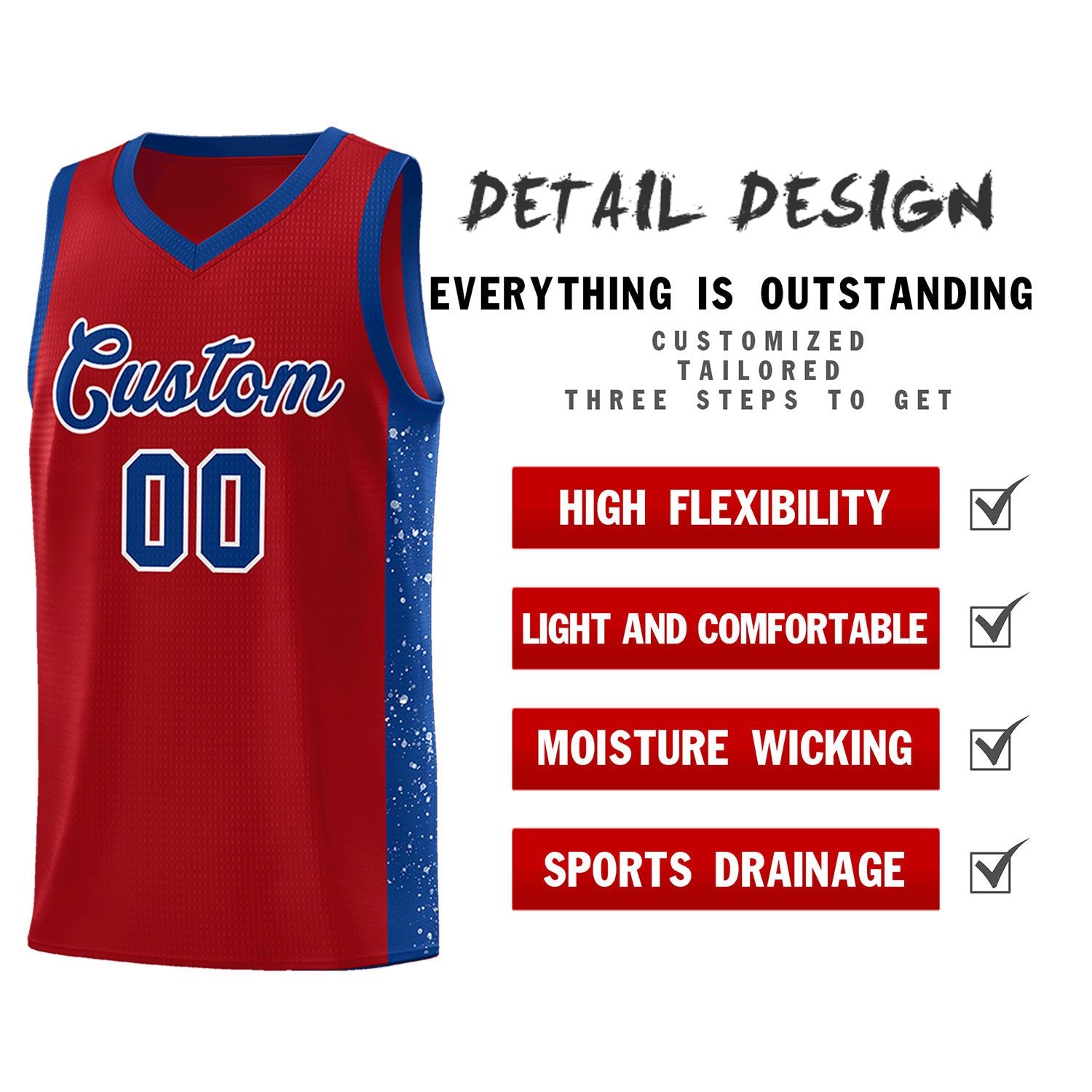 Custom Red Royal-White Side Splash Sports Uniform Basketball Jersey