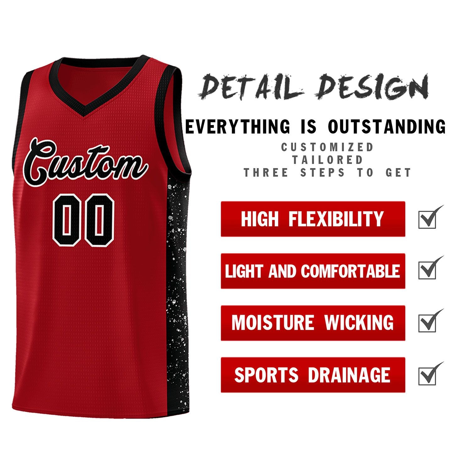 Custom Red Black-White Side Splash Sports Uniform Basketball Jersey