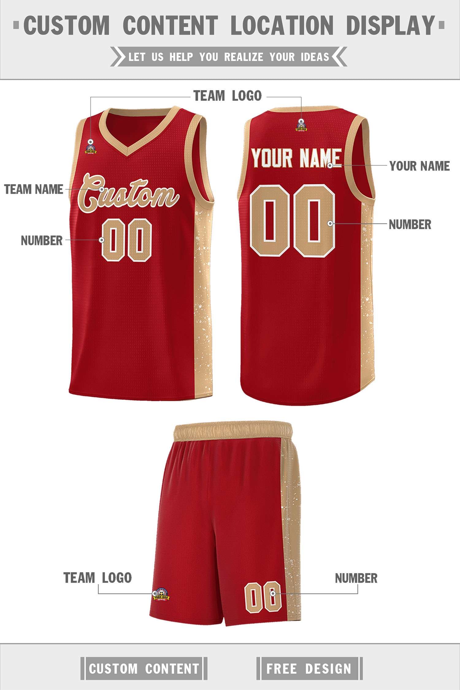 Custom Red Old Gold-White Side Splash Sports Uniform Basketball Jersey