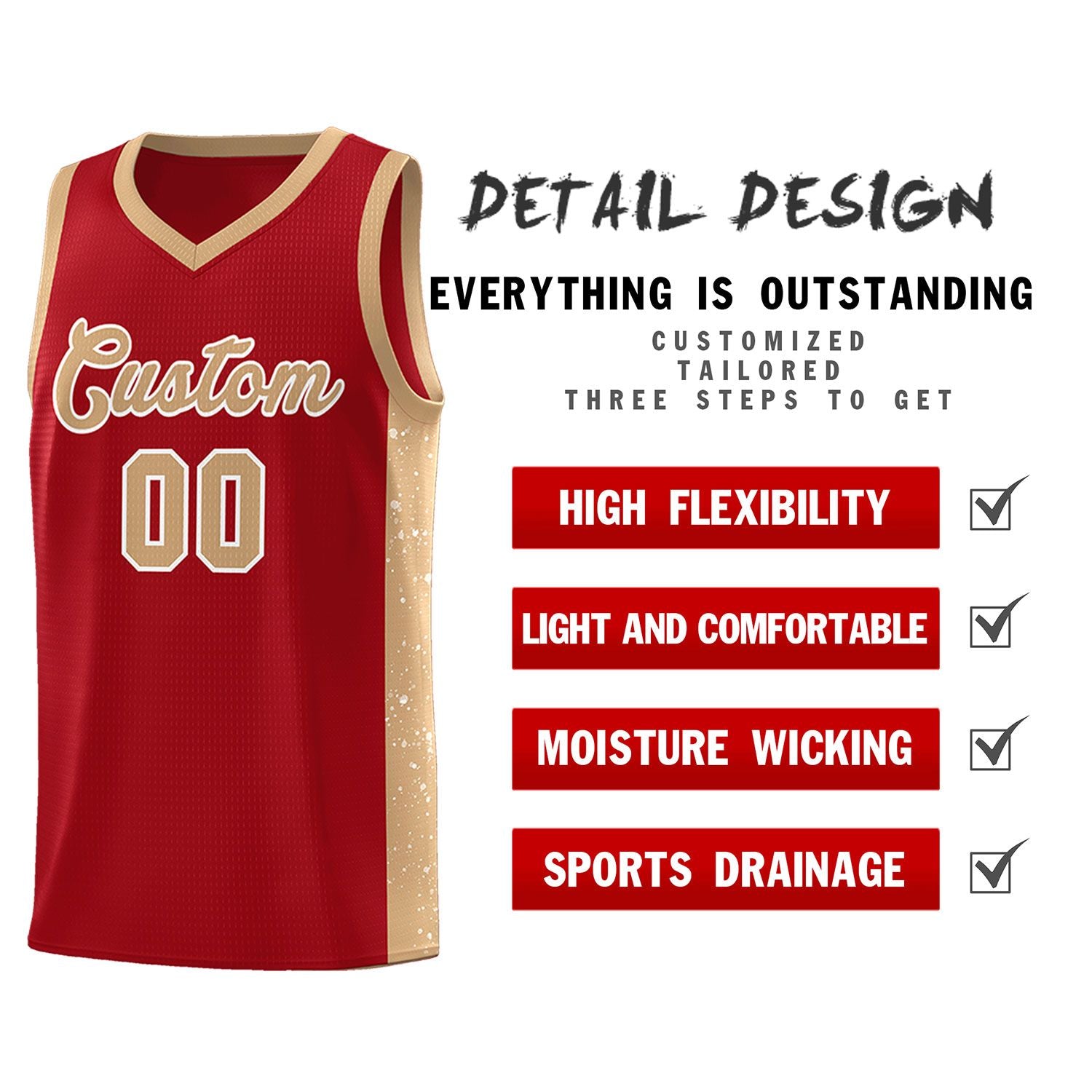 Custom Red Old Gold-White Side Splash Sports Uniform Basketball Jersey