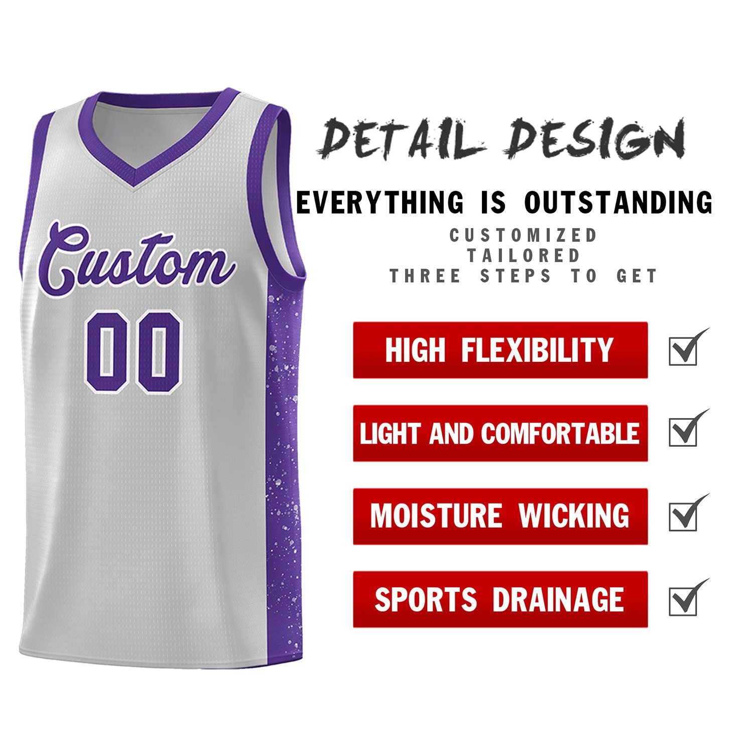 Custom Gray Purple-White Side Splash Sports Uniform Basketball Jersey