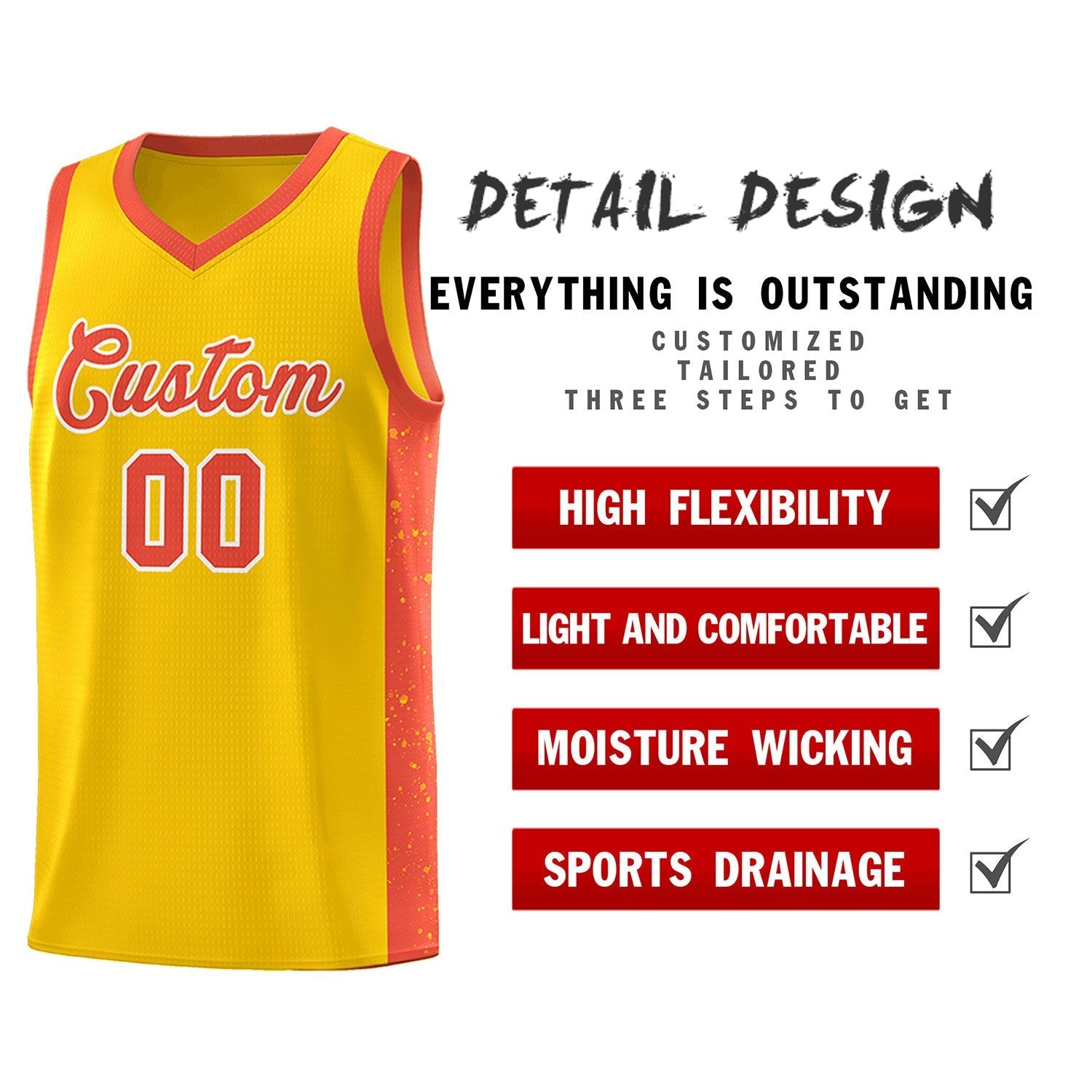 Custom Gold Orange-White Side Splash Sports Uniform Basketball Jersey