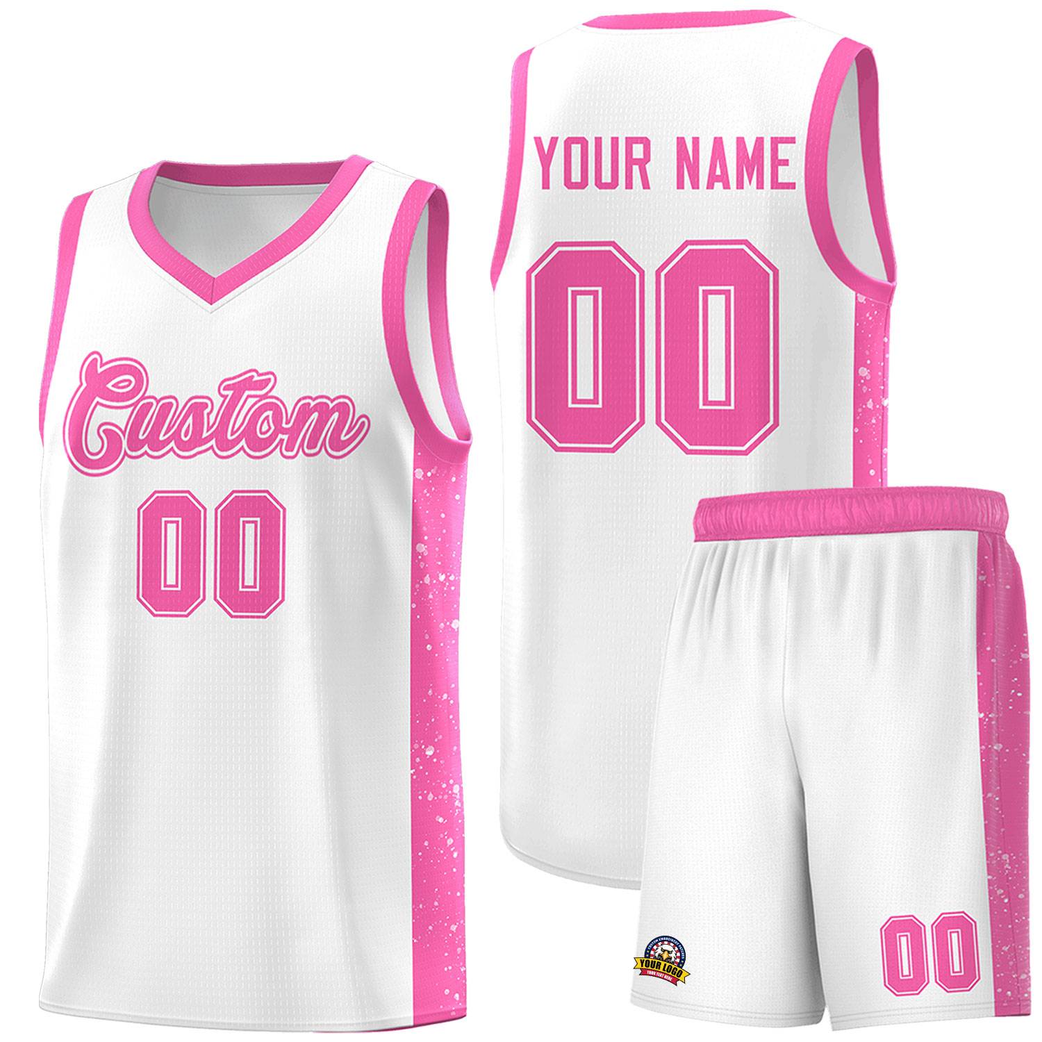 Custom White Pink Side Splash Sports Uniform Basketball Jersey