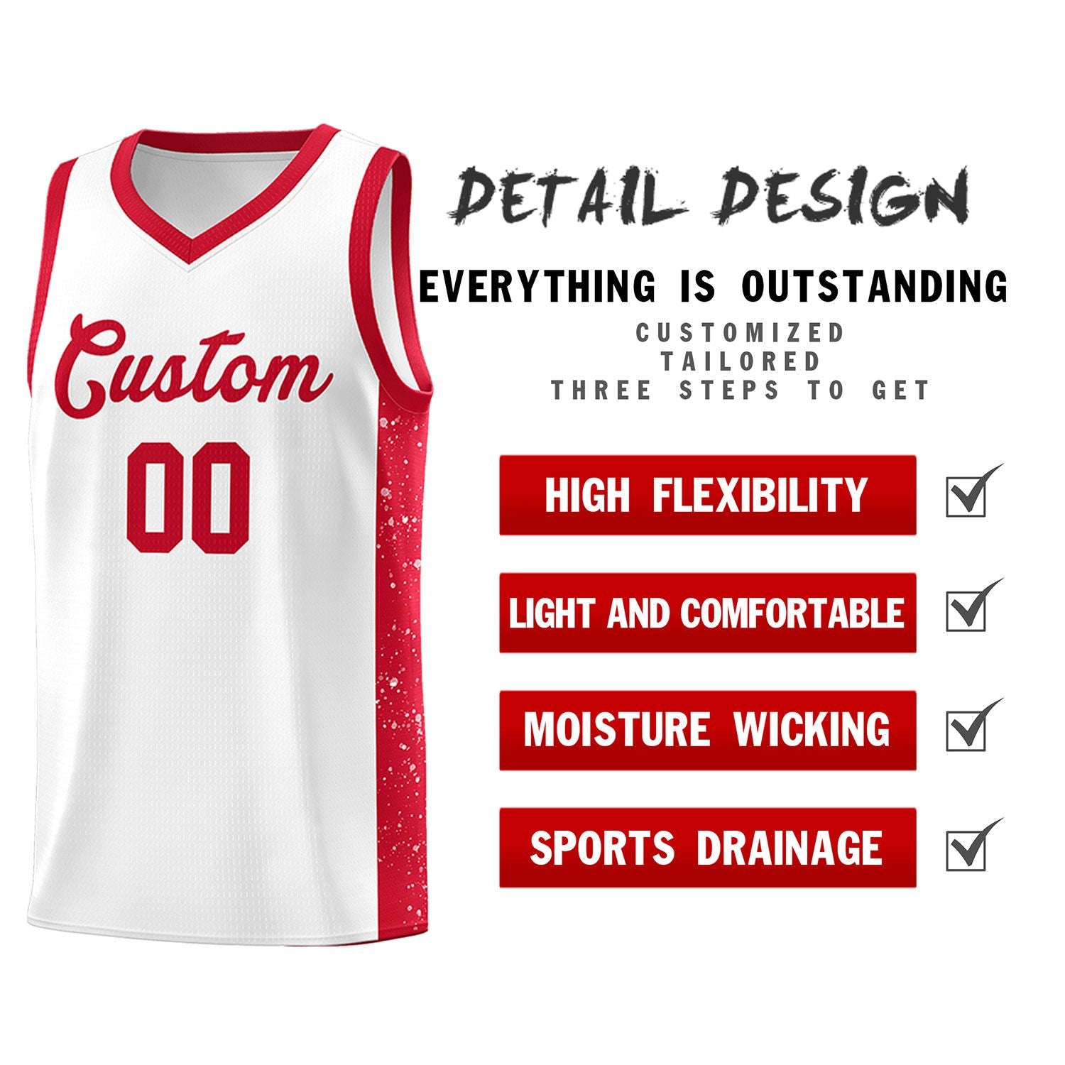 Custom White Red Side Splash Sports Uniform Basketball Jersey