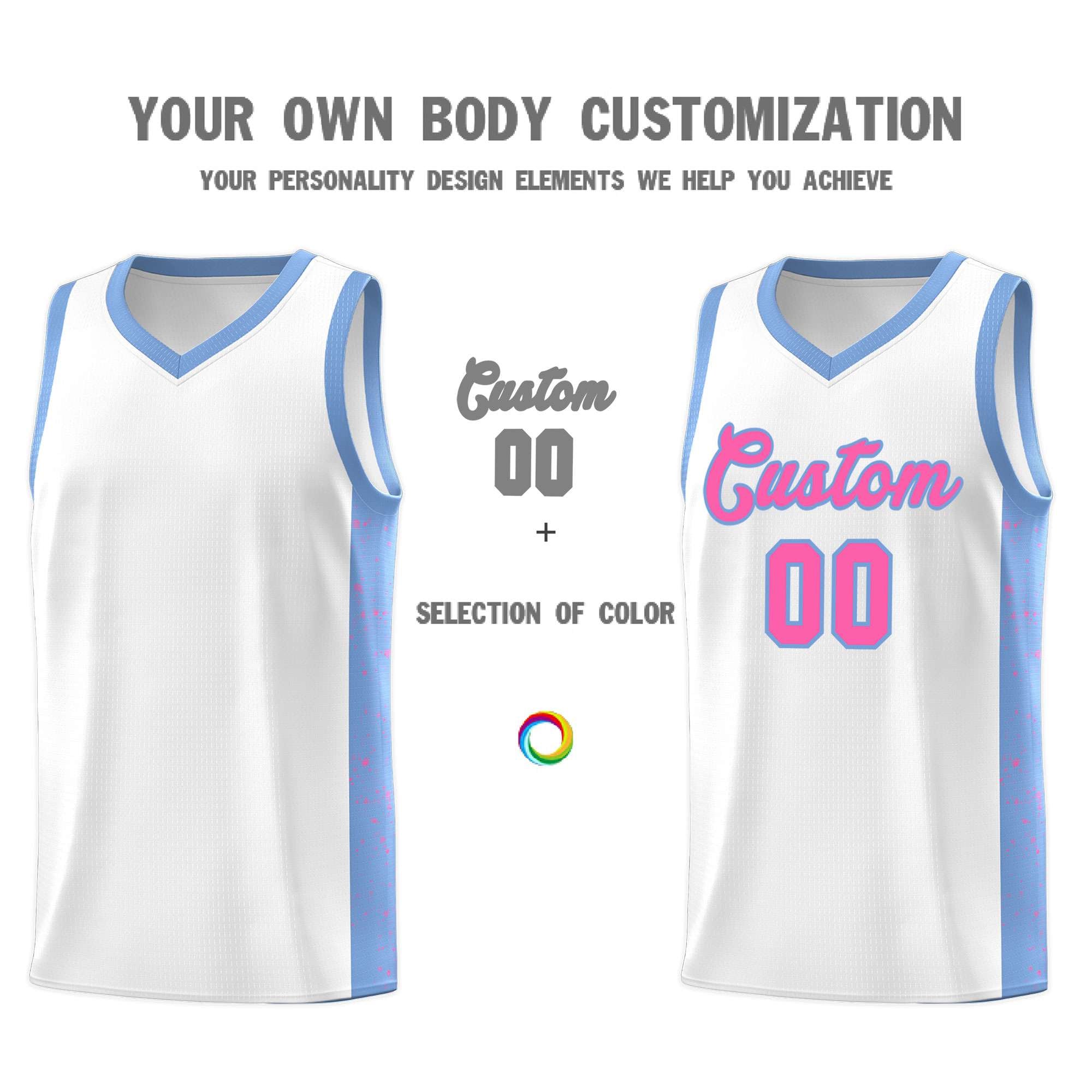 Custom White Pink-Light Blue Side Splash Sports Uniform Basketball Jersey