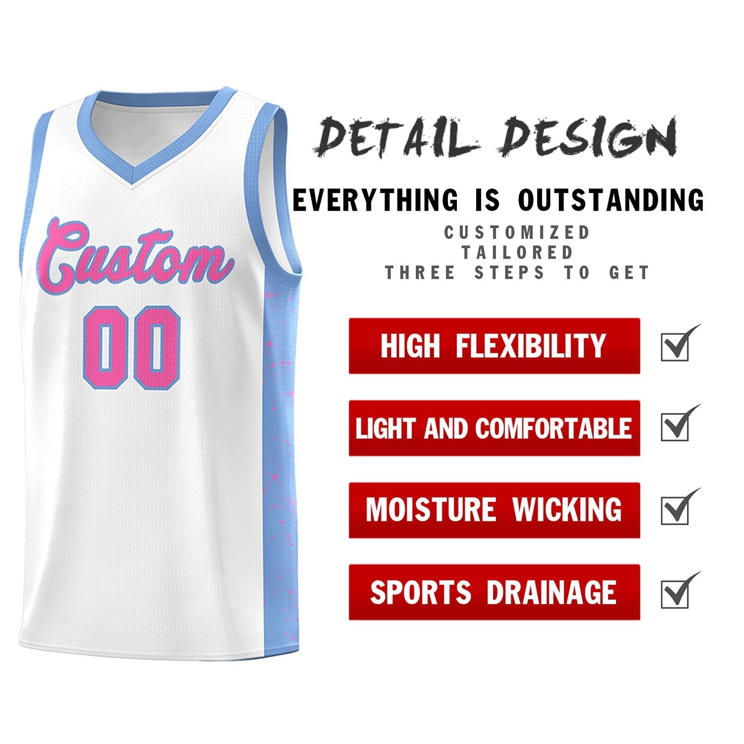 Custom White Pink-Light Blue Side Splash Sports Uniform Basketball Jersey