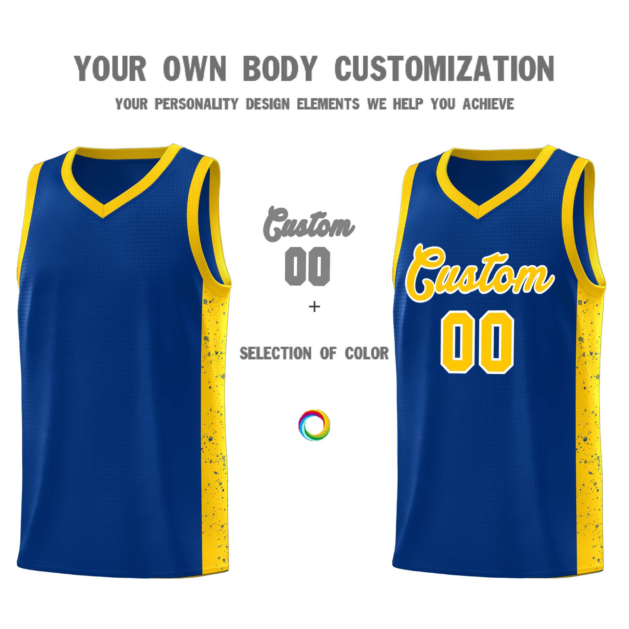 Custom Royal Gold-White Side Splash Sports Uniform Basketball Jersey