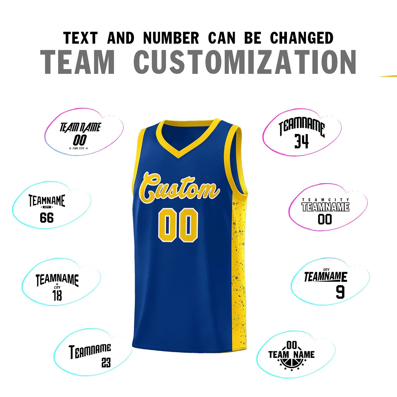 Custom Royal Gold-White Side Splash Sports Uniform Basketball Jersey