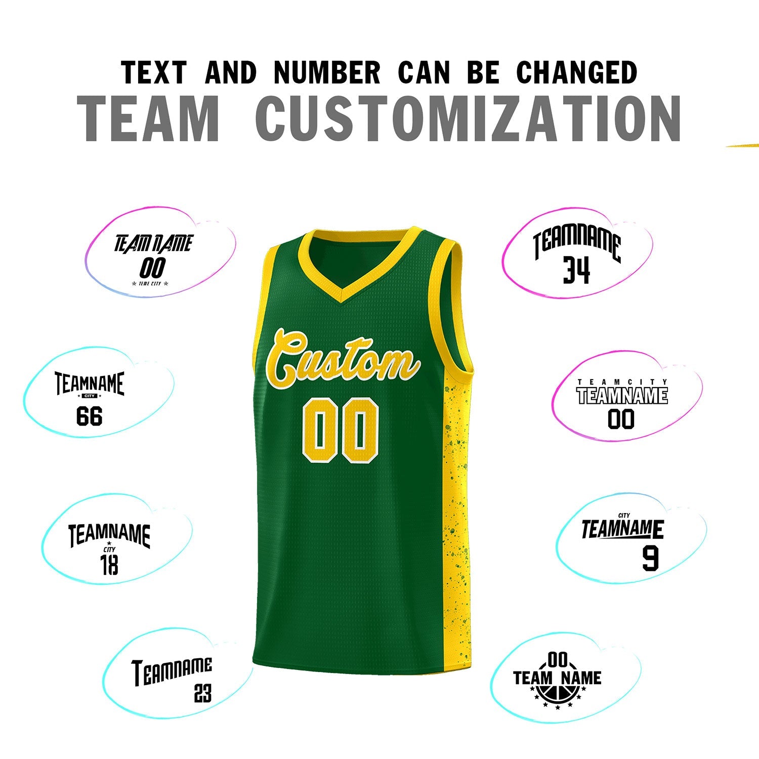 Custom Green Gold-White Side Splash Sports Uniform Basketball Jersey