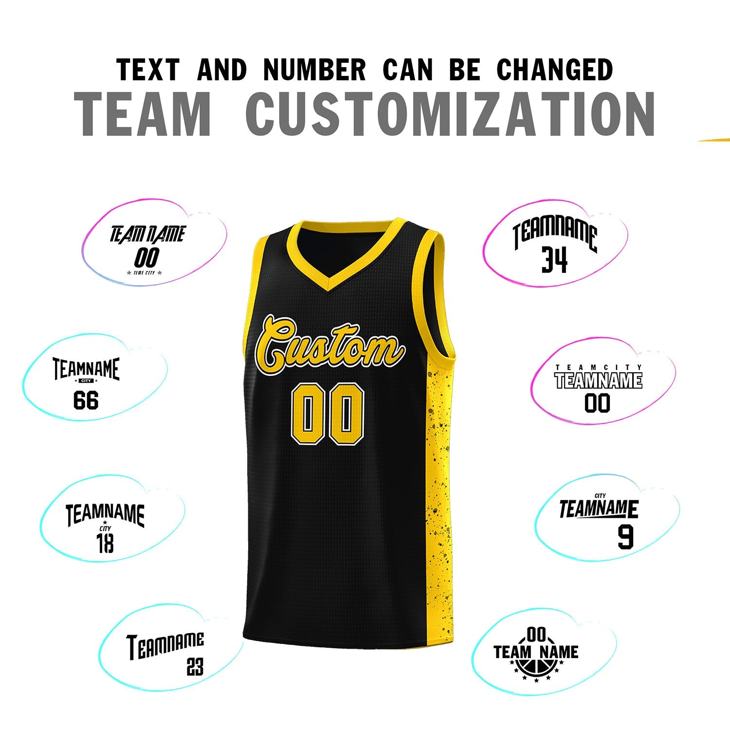 Custom Black Gold Side Splash Sports Uniform Basketball Jersey