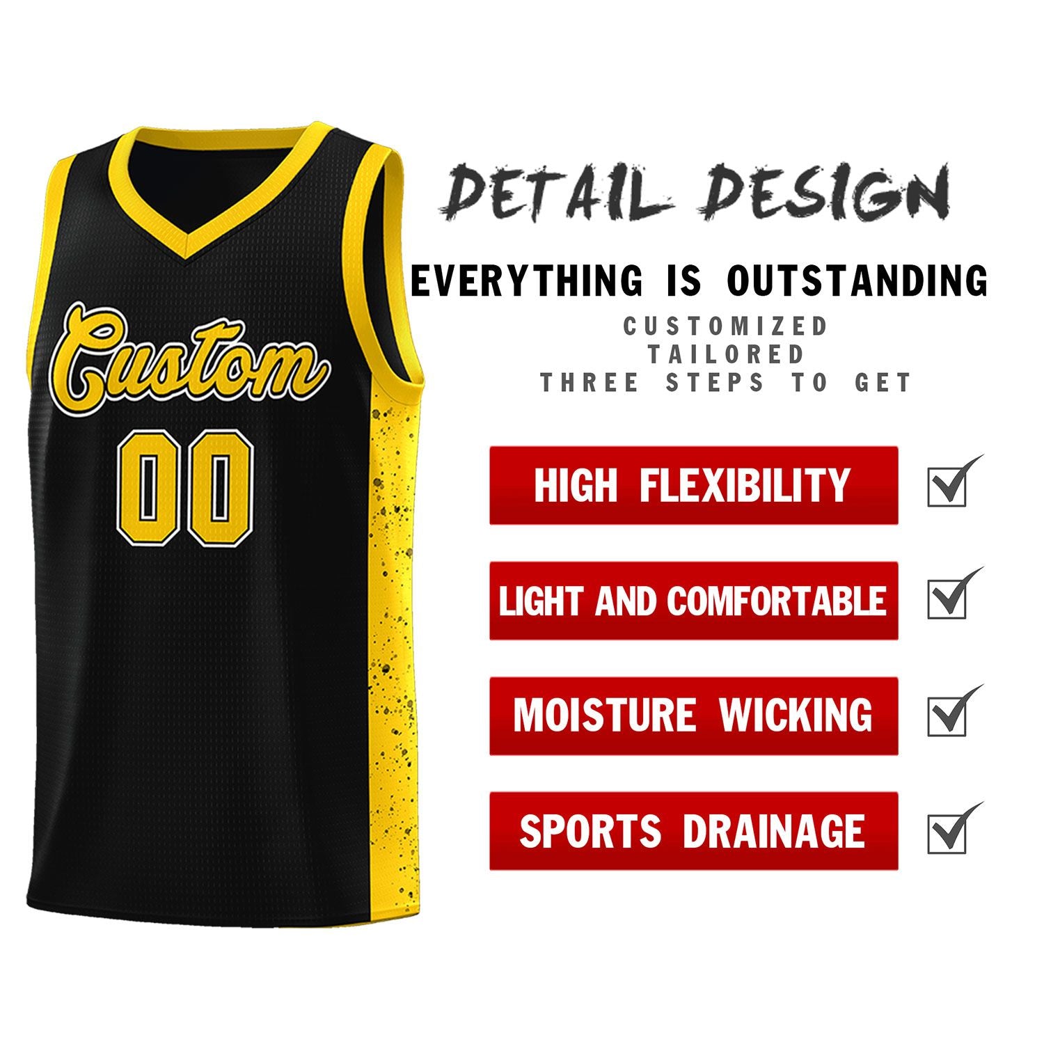 Custom Black Gold Side Splash Sports Uniform Basketball Jersey