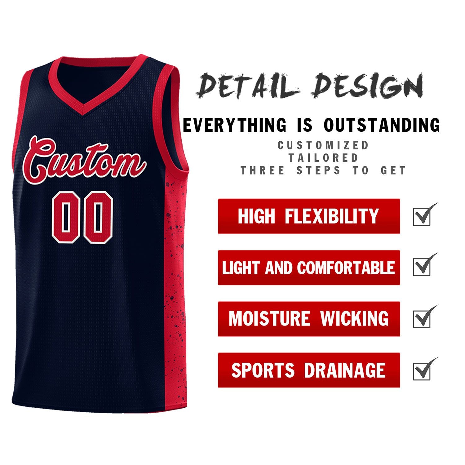 Custom Navy Red-White Side Splash Sports Uniform Basketball Jersey